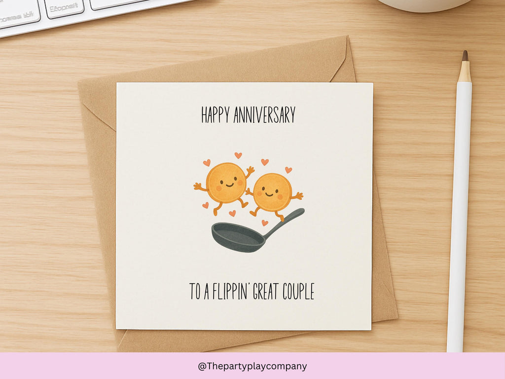 Cute Pancake Anniversary Card – To a Flippin’ Great Couple, Funny Food Pun Love Card, Kawaii Anniversary Card for Husband Wife