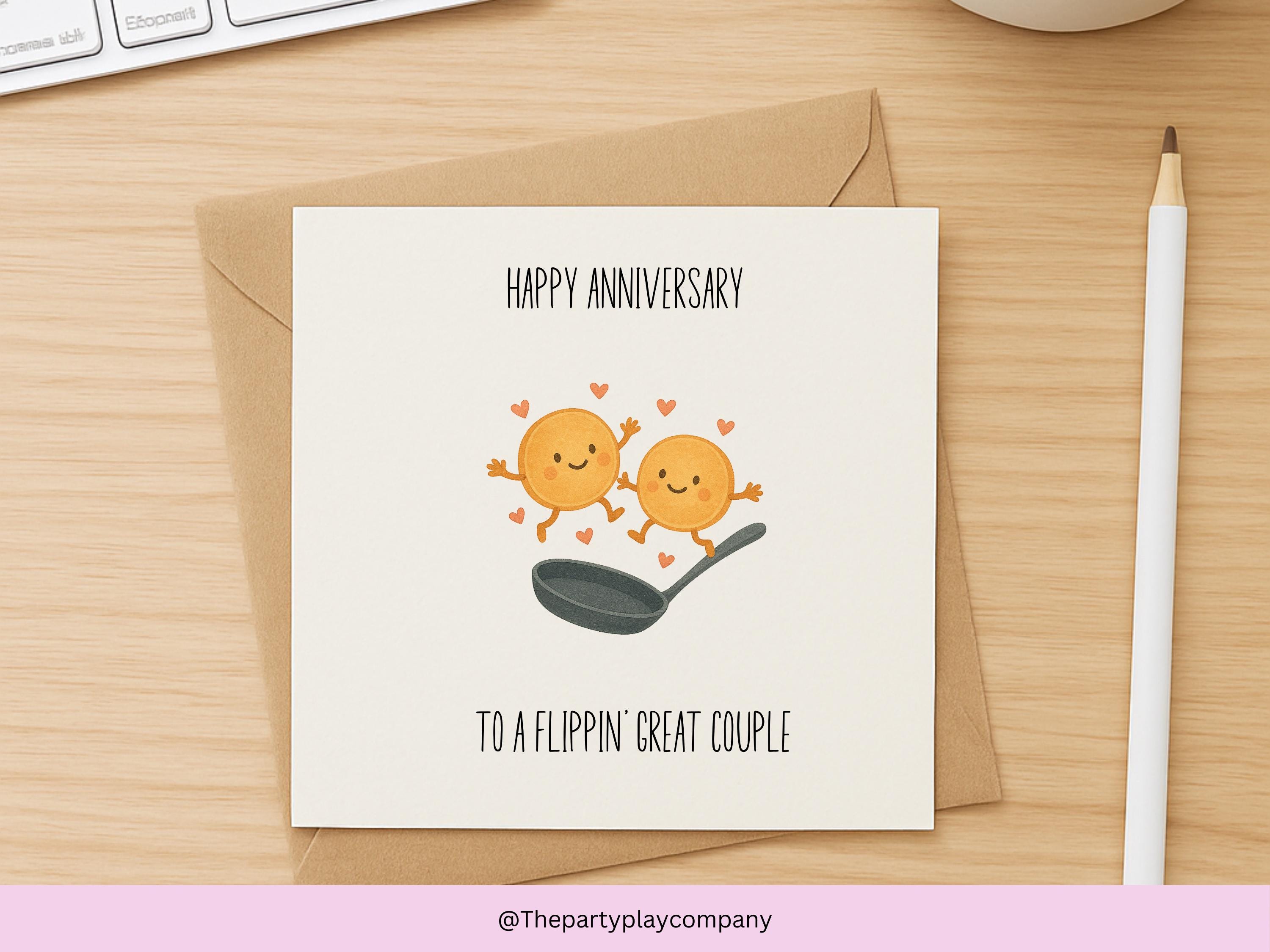 Cute Pancake Anniversary Card – To a Flippin’ Great Couple, Funny Food Pun Love Card, Kawaii Anniversary Card for Husband Wife