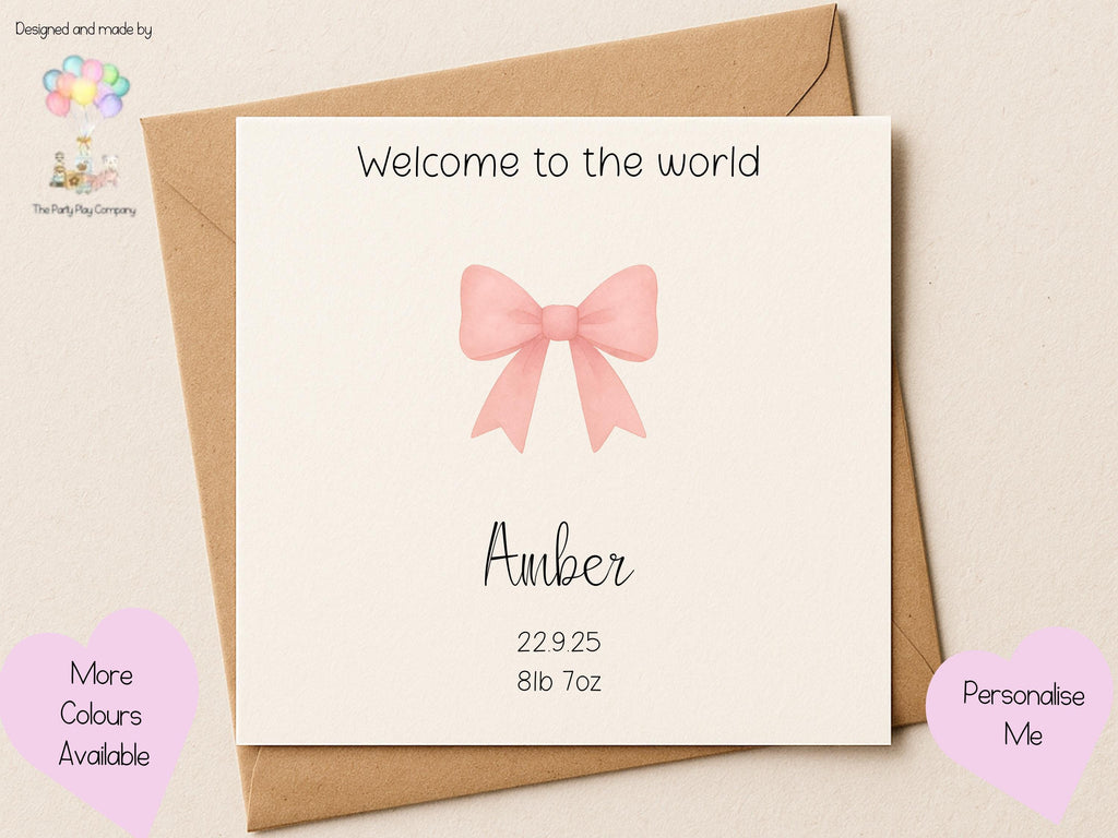 Personalised New Baby Girl Card: Pink Bow Keepsake, Handmade UK