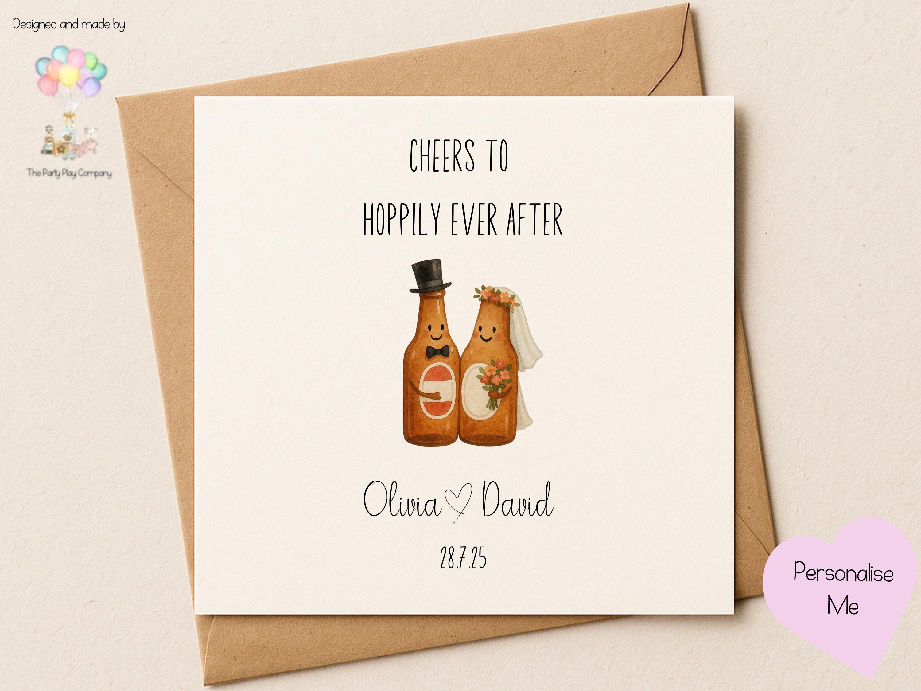 Funny Beer Wedding Card: Hoppily Ever After, Personalized Names & Date