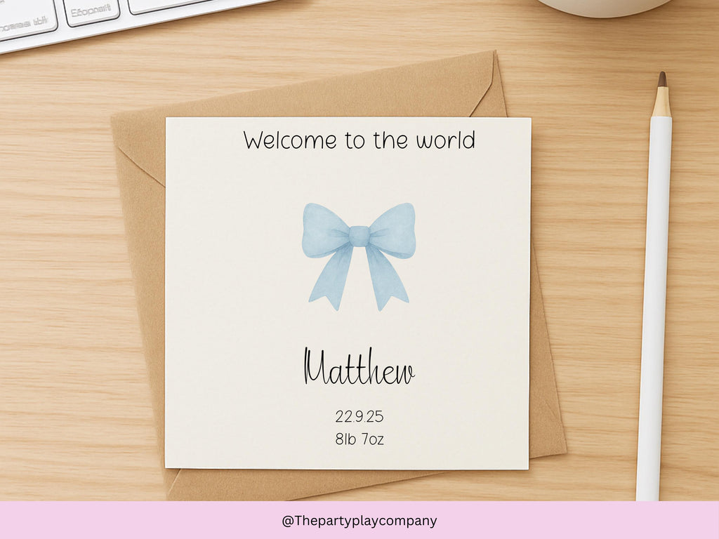 Personalized New Baby Boy Card: Blue Bow, Handmade UK