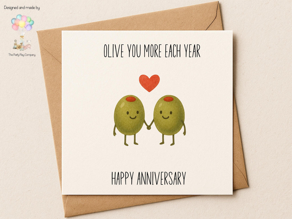 Olive You More Each Year Anniversary Card – Cute Pun Food Illustration, Funny Couples Love Card, Husband Wife Partner Gift