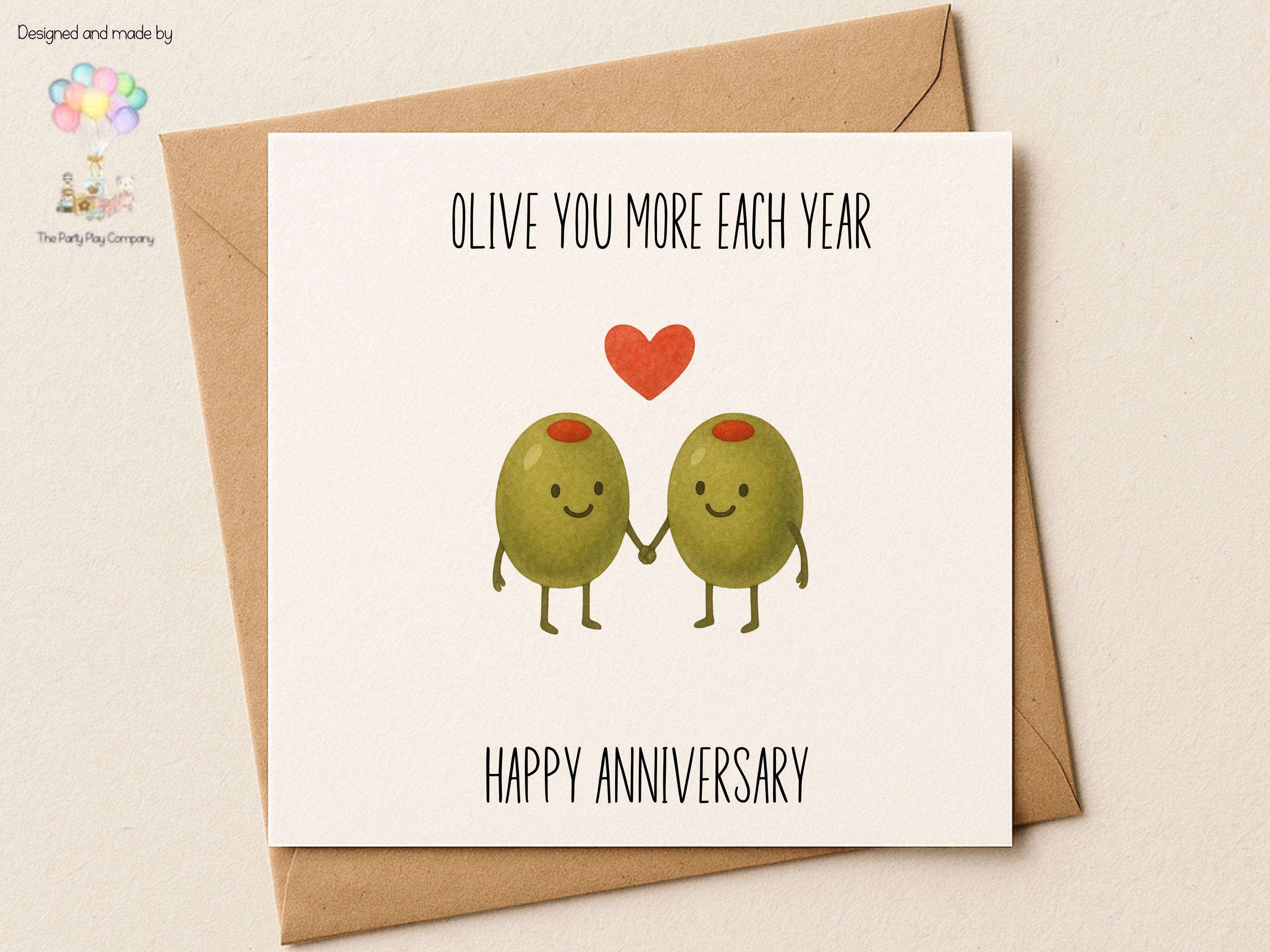 Olive You More Each Year Anniversary Card – Cute Pun Food Illustration, Funny Couples Love Card, Husband Wife Partner Gift