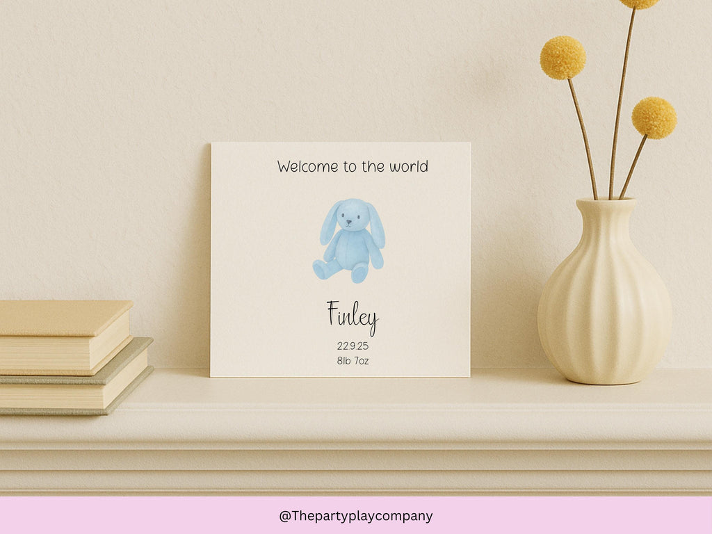 Personalized Blue Bunny New Baby Card: Custom Birth Stats, Handmade