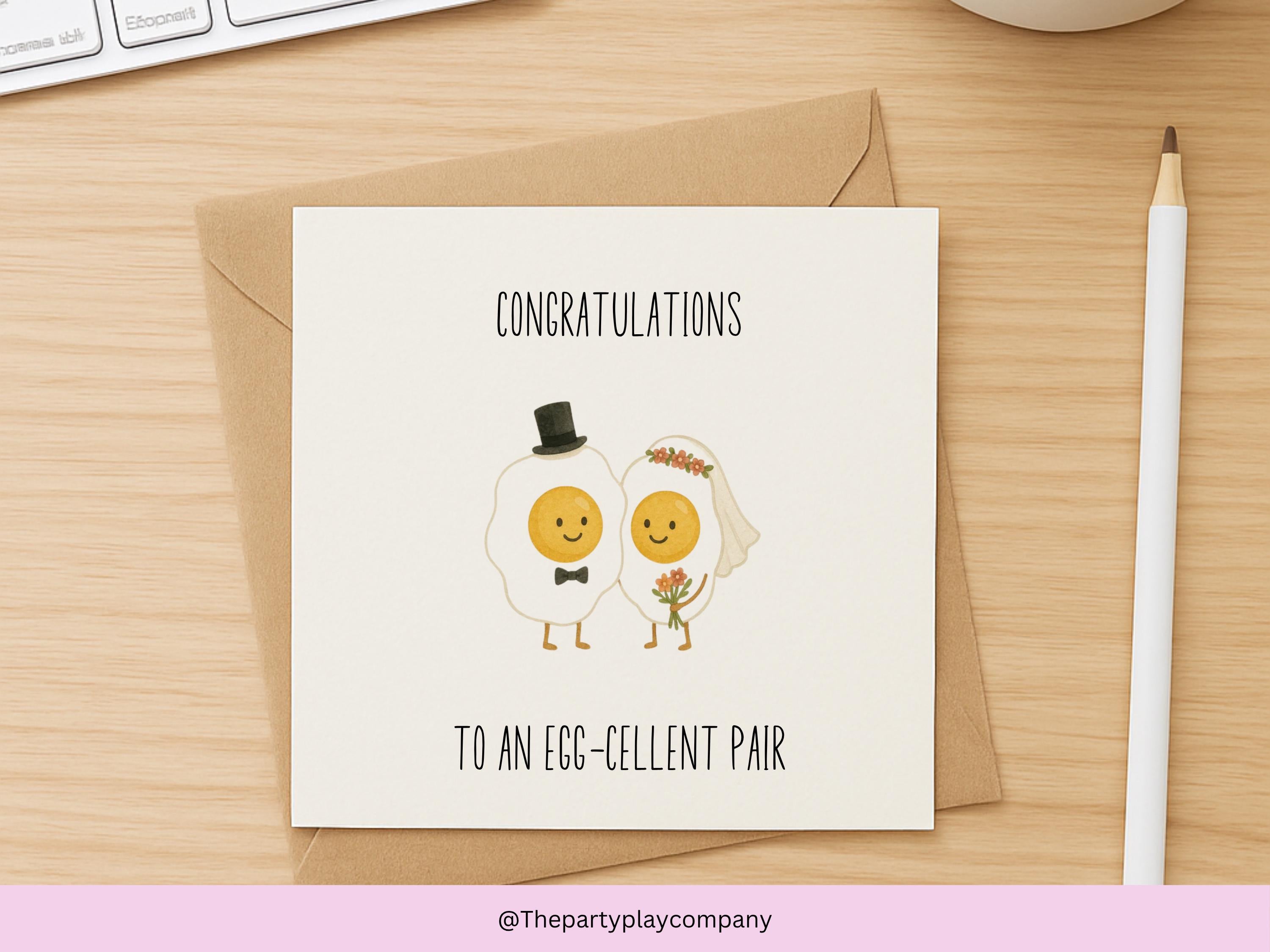 Egg Wedding Card – “To an Egg-cellent Pair” – Funny Congratulations Card – Bride and Groom Eggs