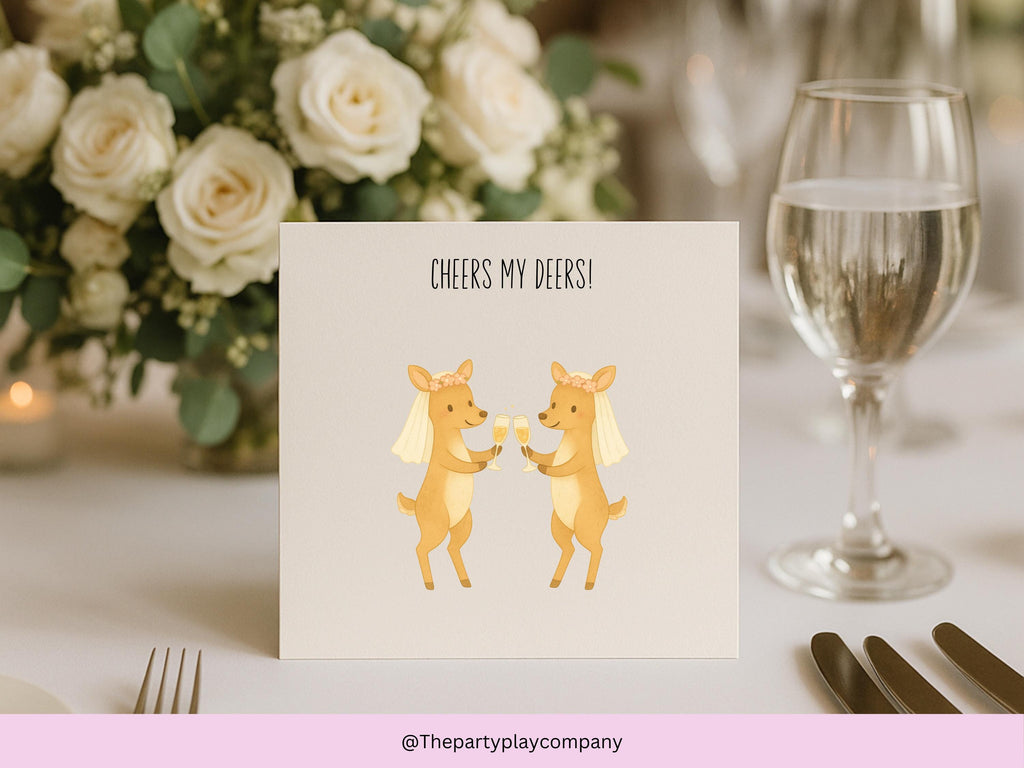 Funny LGBTQ Lesbian Wedding Card – Cheers My Deers Pun – Cute Bride Deer Illustration – Same-Sex Marriage Card for Her