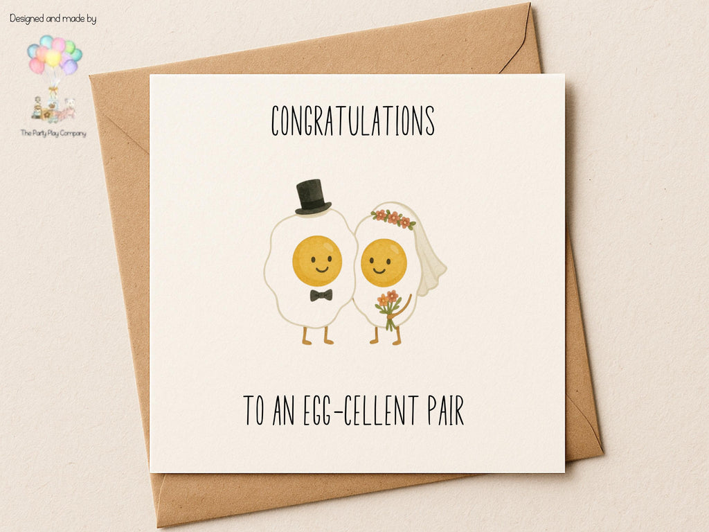 Egg Wedding Card – “To an Egg-cellent Pair” – Funny Congratulations Card – Bride and Groom Eggs