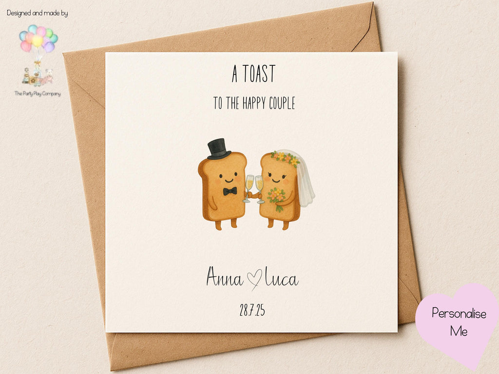 A Toast to the Happy Couple – Funny Personalised Wedding Card with Names & Date – Cute Bride and Groom Toast Pun