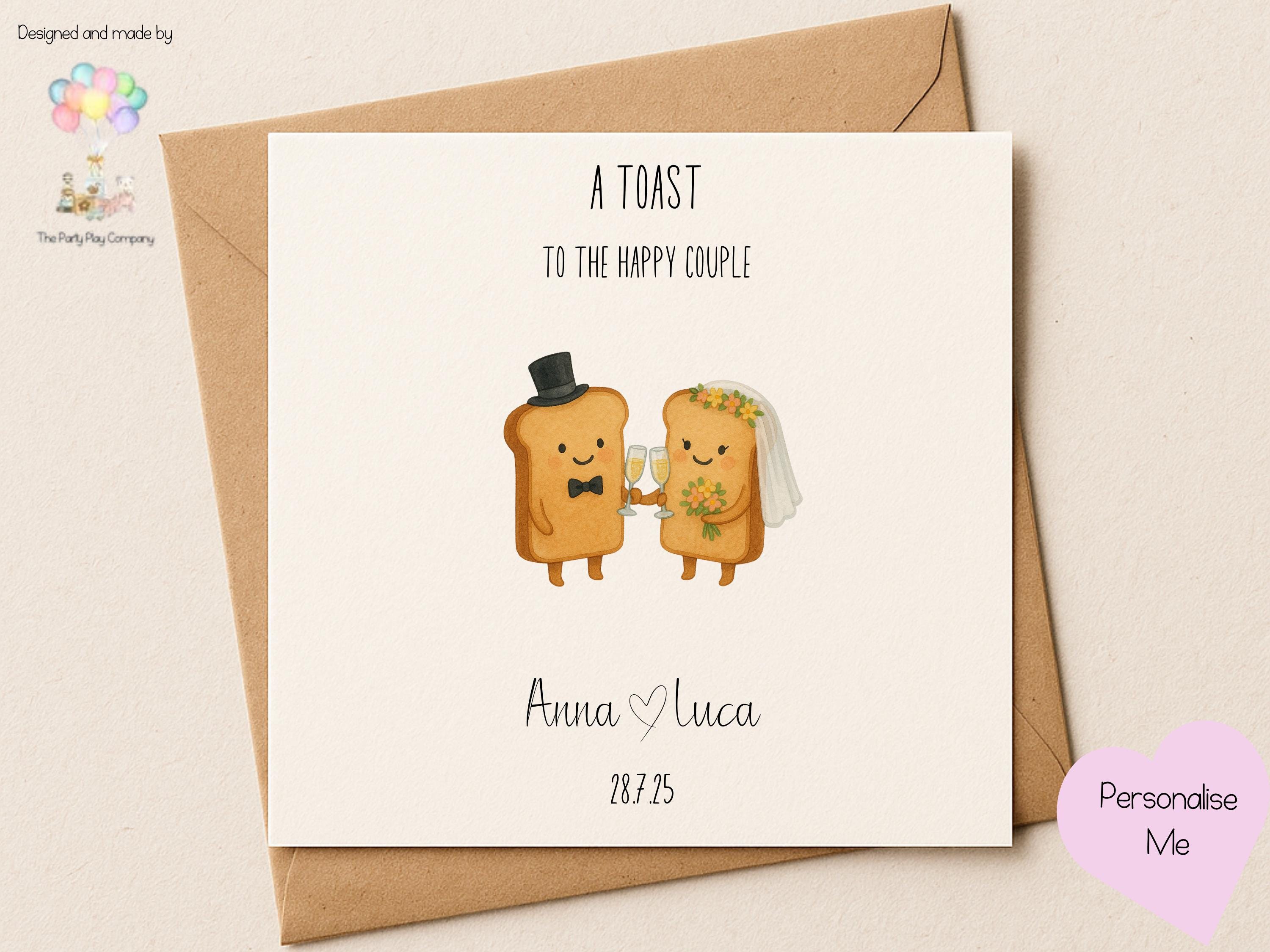 A Toast to the Happy Couple – Funny Personalised Wedding Card with Names & Date – Cute Bride and Groom Toast Pun