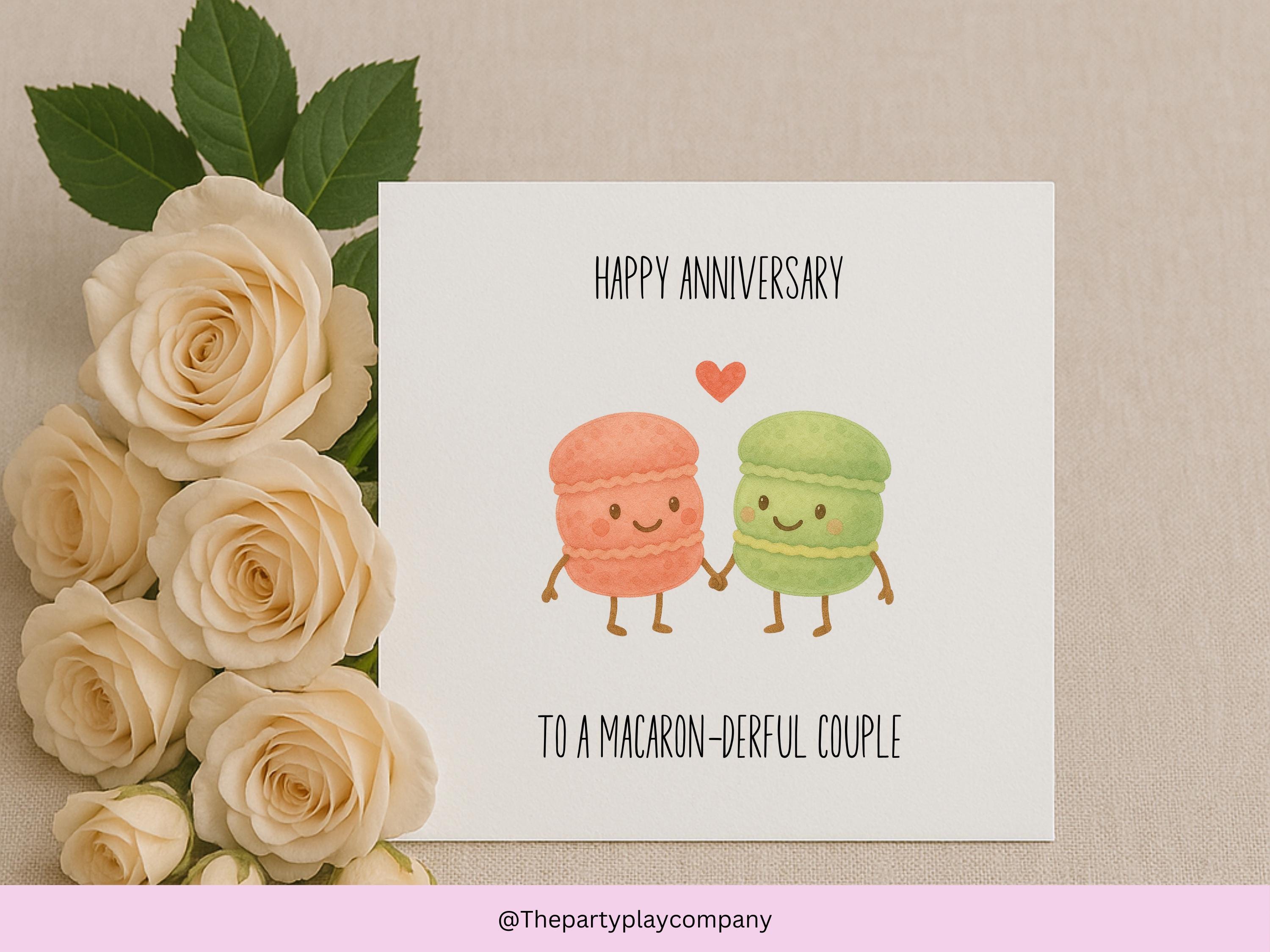 Macaron Anniversary Card: Funny Foodie Pun - Macaron-derful Couple