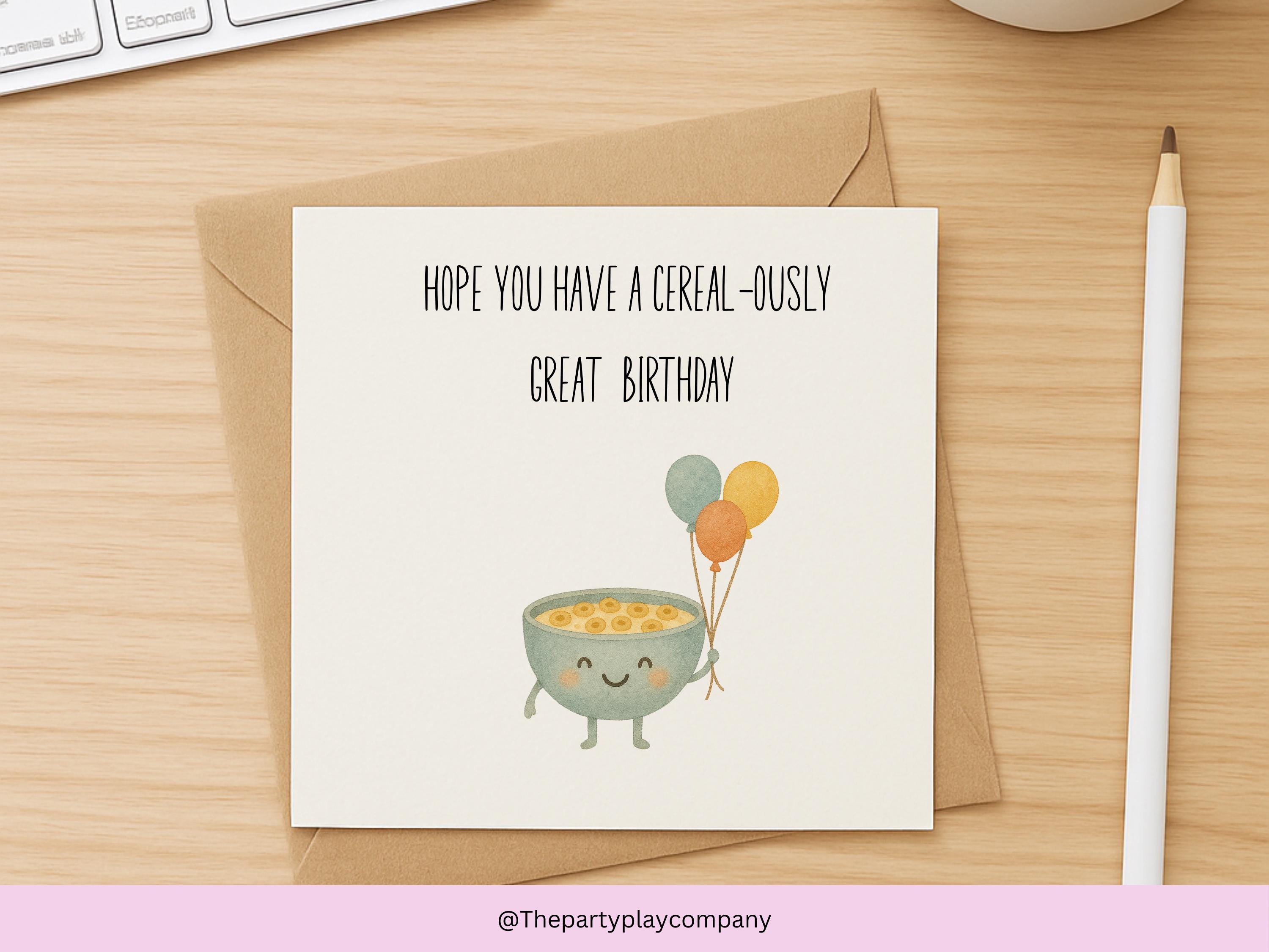 Cereal-ously Funny Birthday Card | Cute Food Pun Card with Bowl of Cereal Illustration for Him Her Friends or Family