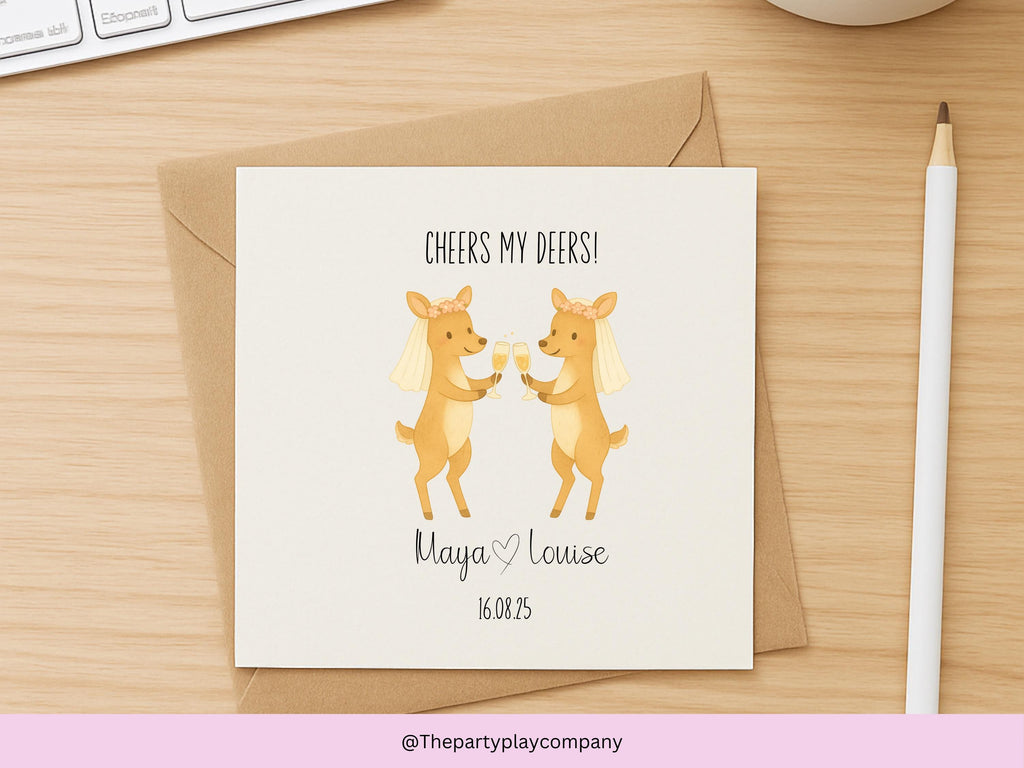 Funny Lesbian Wedding Card: Cheers My Deers Pun, Personalised LGBTQ+ Anniversary Card