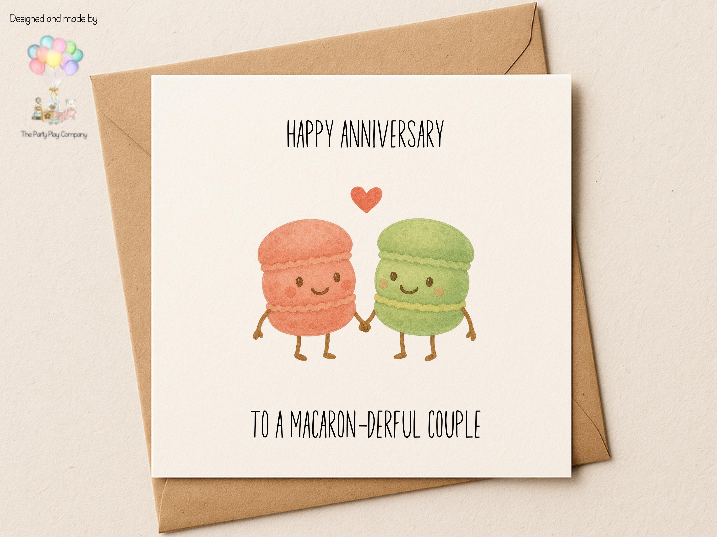 Macaron Anniversary Card: Funny Foodie Pun - Macaron-derful Couple