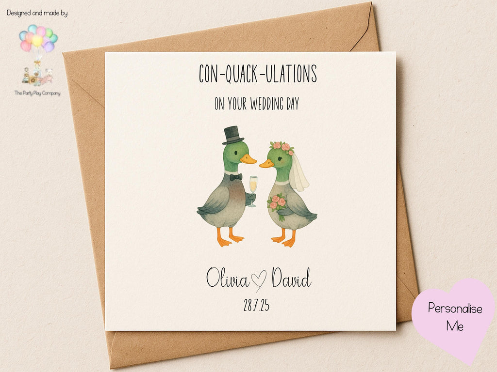 Personalized Duck Wedding Card: "Con-Quack-ulations" Animal Pun