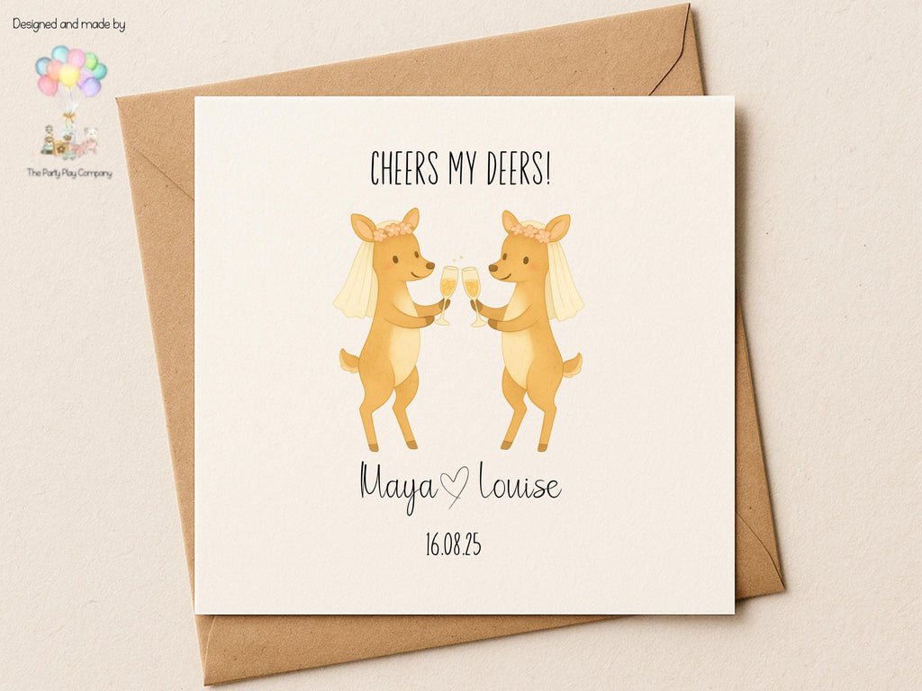Funny Lesbian Wedding Card: Cheers My Deers Pun, Personalised LGBTQ+ Anniversary Card