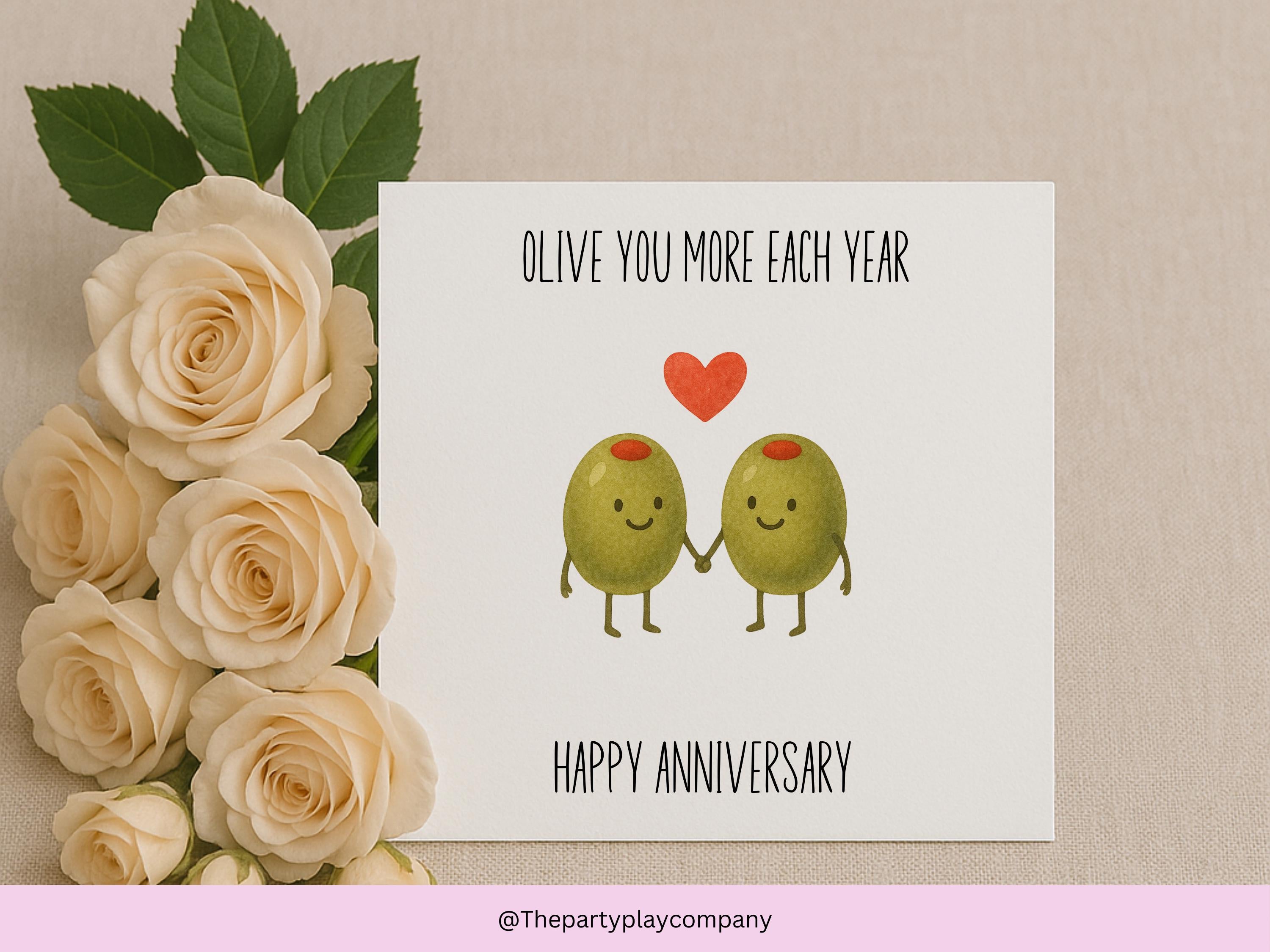 Olive You More Each Year Anniversary Card – Cute Pun Food Illustration, Funny Couples Love Card, Husband Wife Partner Gift