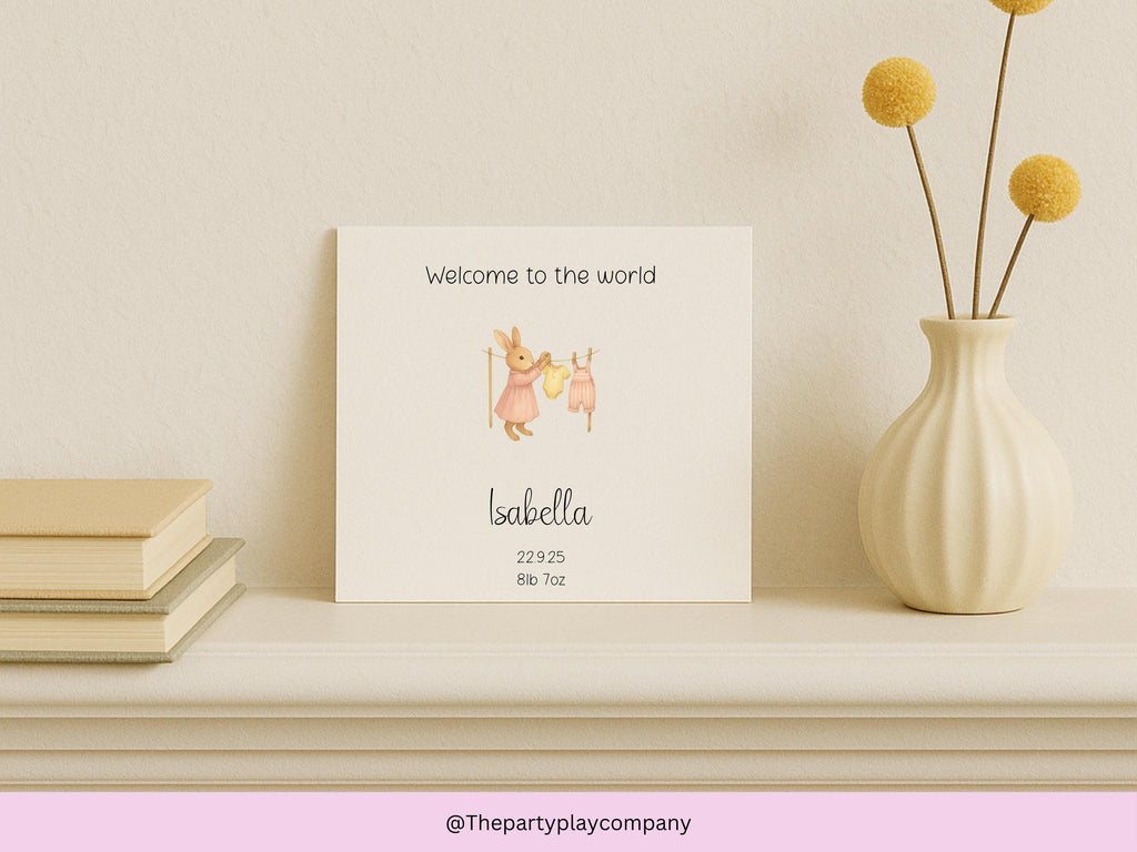 Personalised New Baby Girl Card: Bunny Clothesline Design, Handmade UK