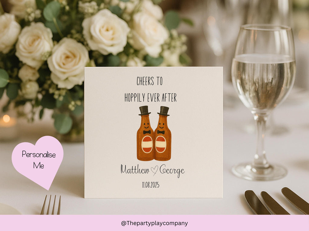 Funny Gay Wedding Card: Hoppily Ever After Beer Pun, Personalised LGBTQ+ Anniversary