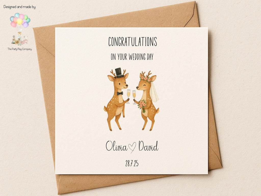 Personalised Wedding Card | Cute Deer Couple | Custom Names & Date | Engagement or Anniversary Card