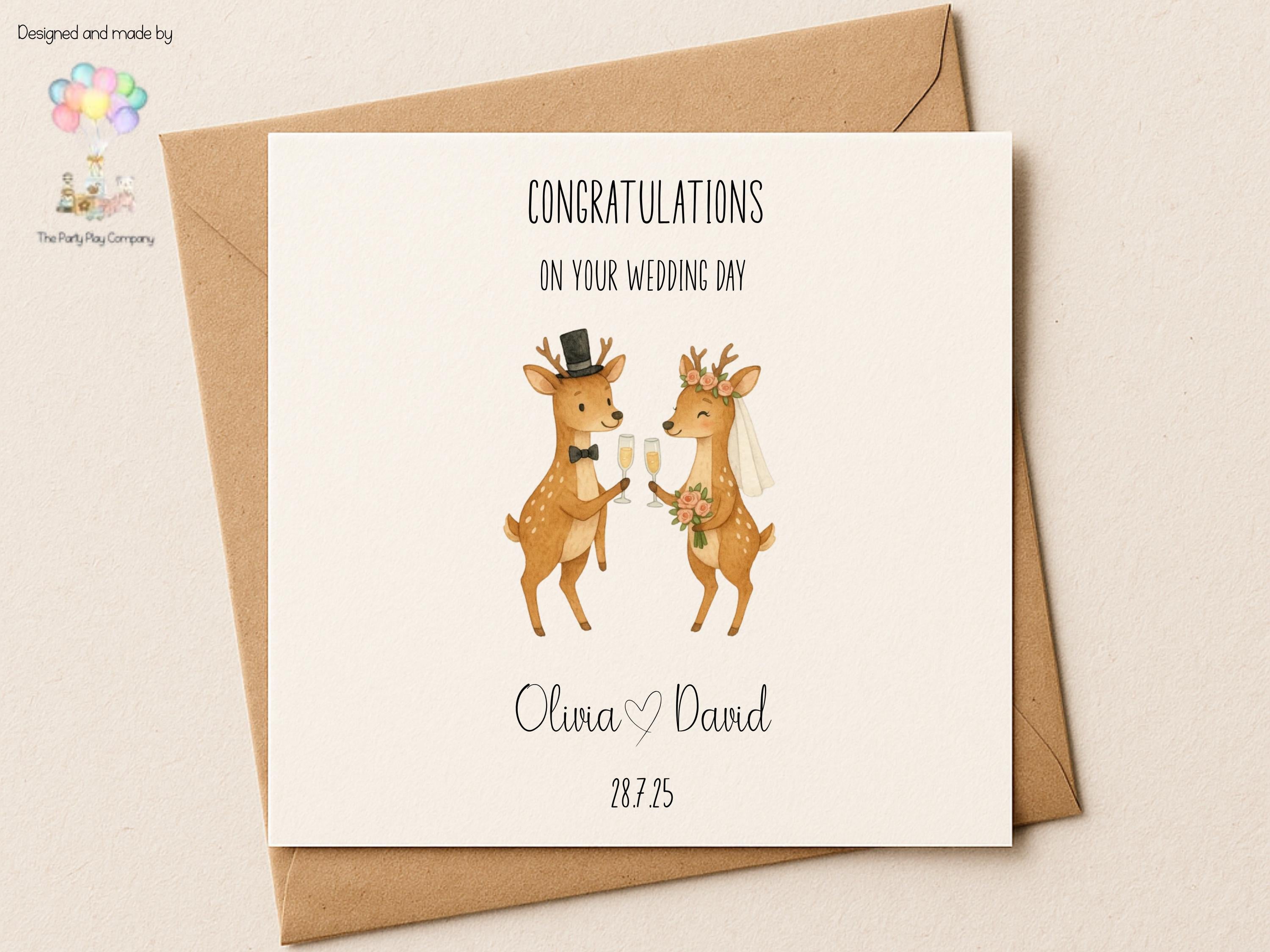 Personalised Wedding Card | Cute Deer Couple | Custom Names & Date | Engagement or Anniversary Card