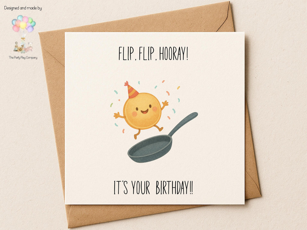 Flip Hooray Pancake Birthday Card | Funny Food Pun Card with Cute Pancake Illustration for Him Her Friends or Family