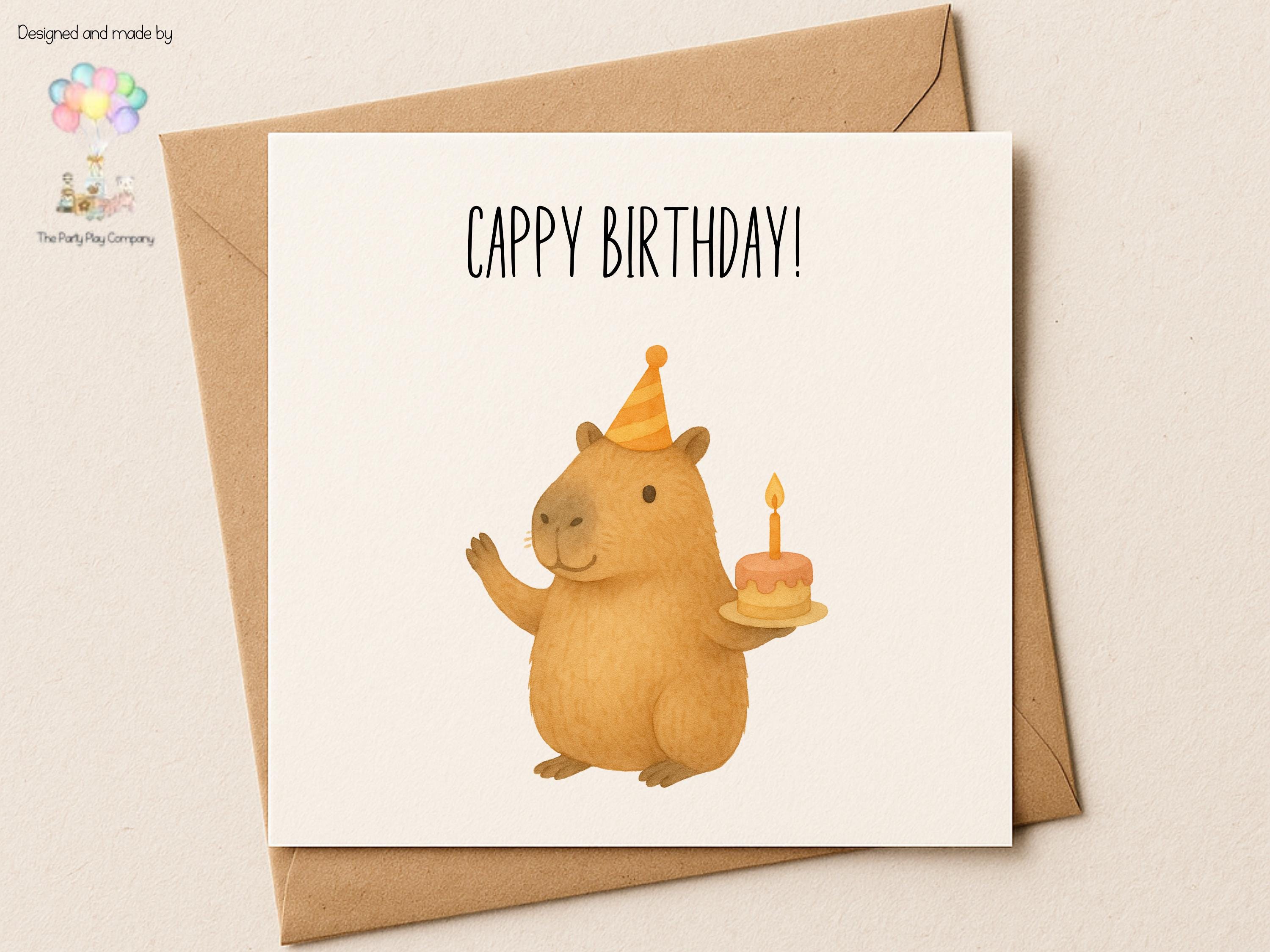 Cappy Birthday Card with Cute Capybara Illustration | Funny Animal Pun Birthday Card for Him Her Friends or Family