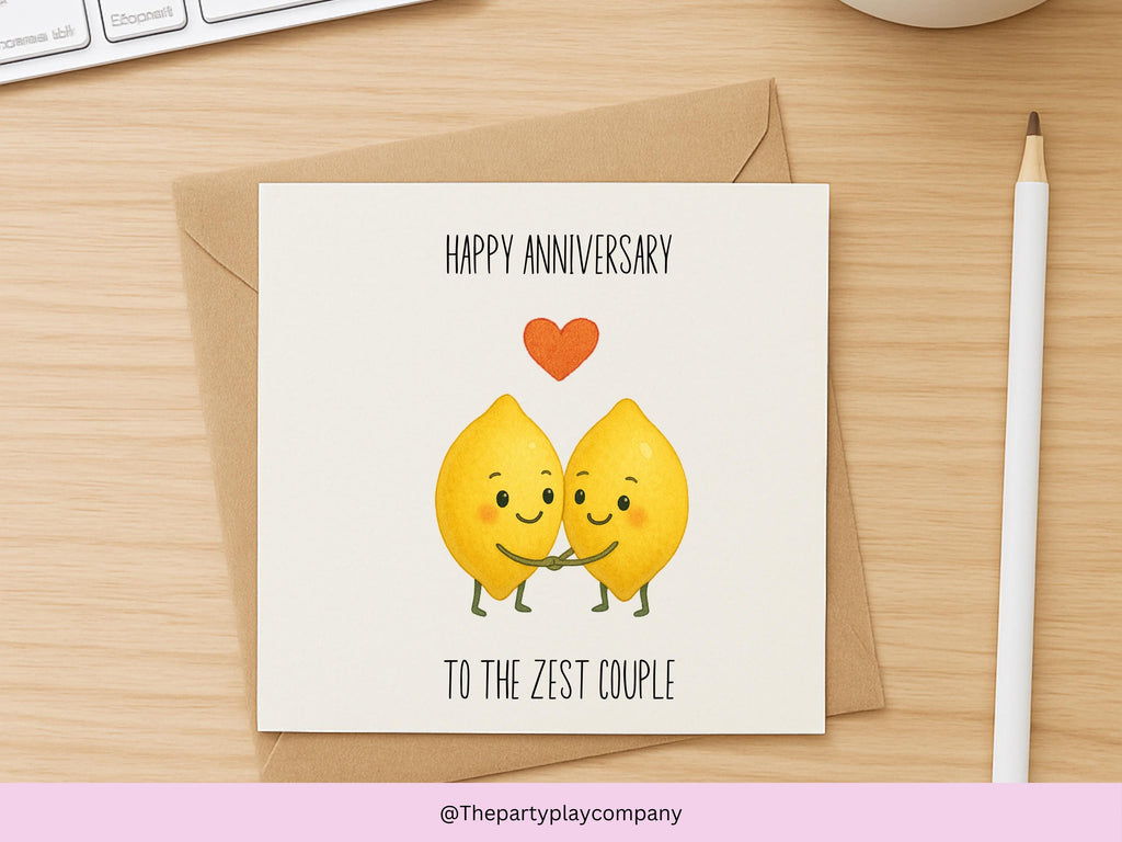 Funny Lemon Anniversary Card: Kawaii Food Pun - 'To the Zest Couple'