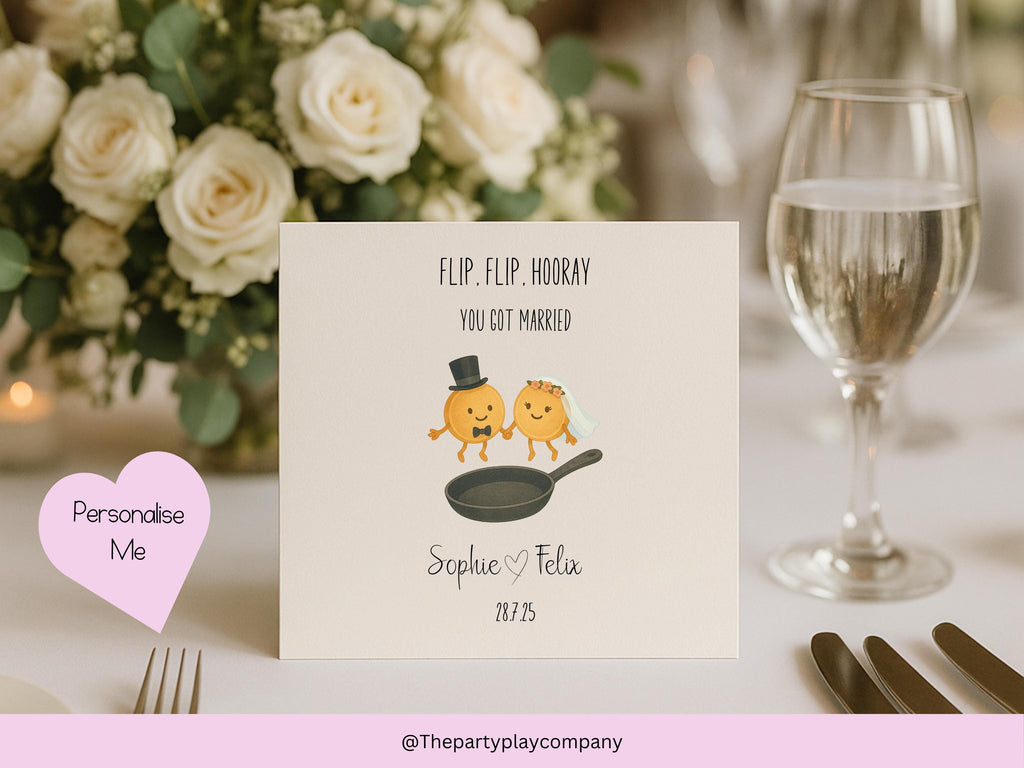 Funny Wedding Card | Pancake Pun Congratulations Card | Flip, Flip, Hooray You Got Married | Personalised Newlyweds | 4 for 10 Pound Offer