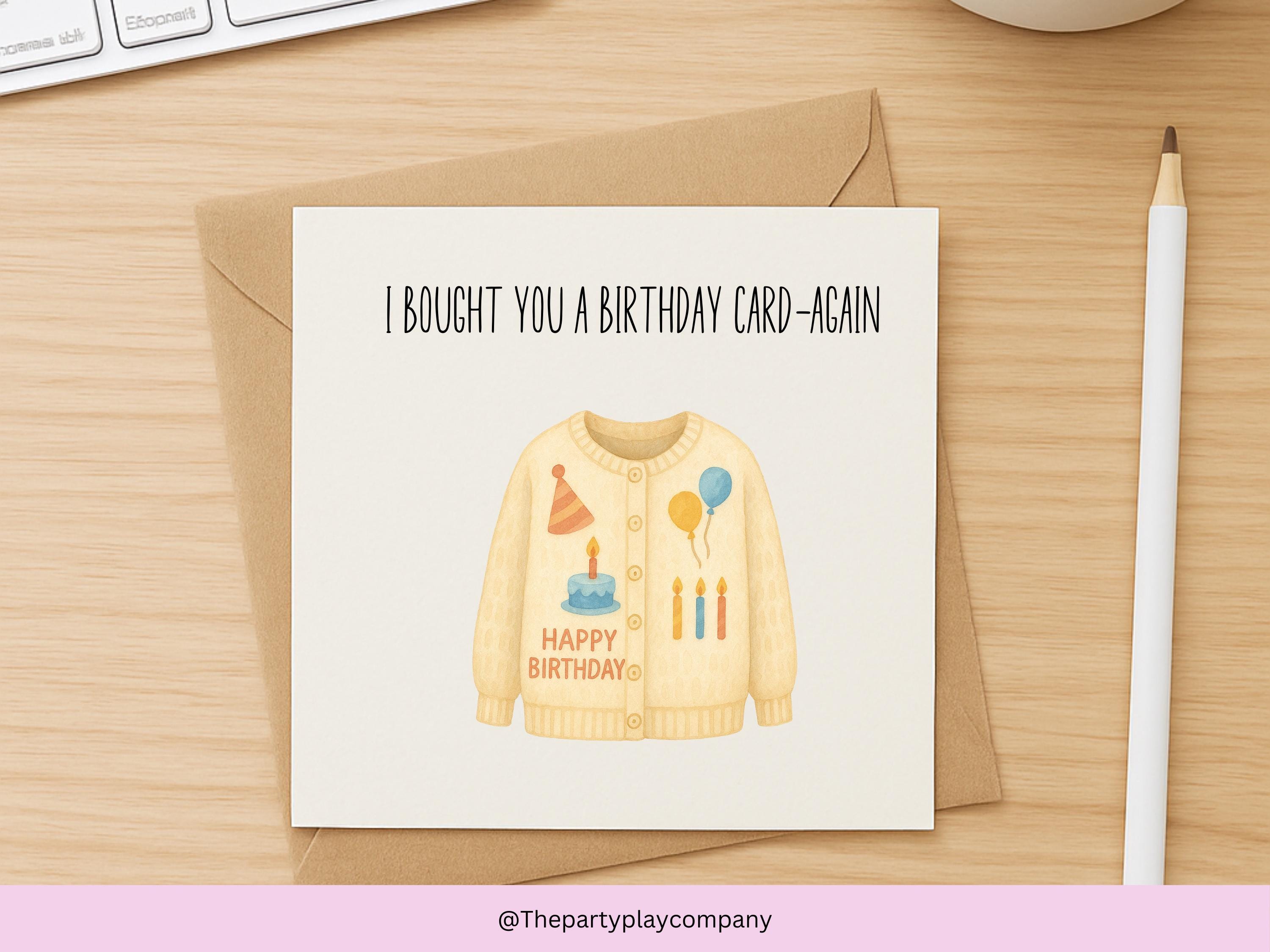 Funny Birthday Card: Quirky Cardigan Pun - Kraft Envelope