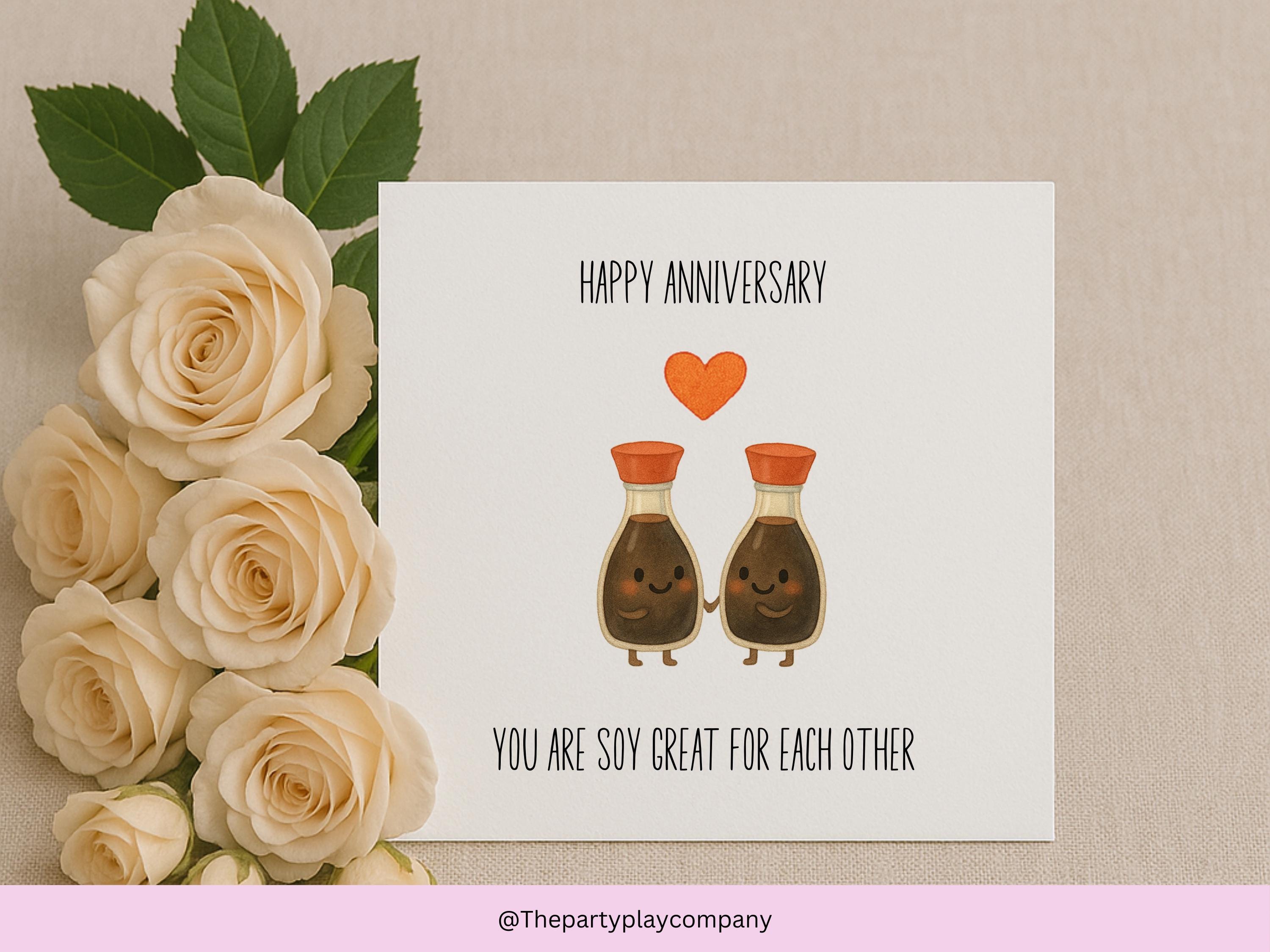 Cute Soy Sauce Anniversary Card – You Are Soy Great for Each Other, Funny Food Pun Love Card, Kawaii Anniversary Card for Couples