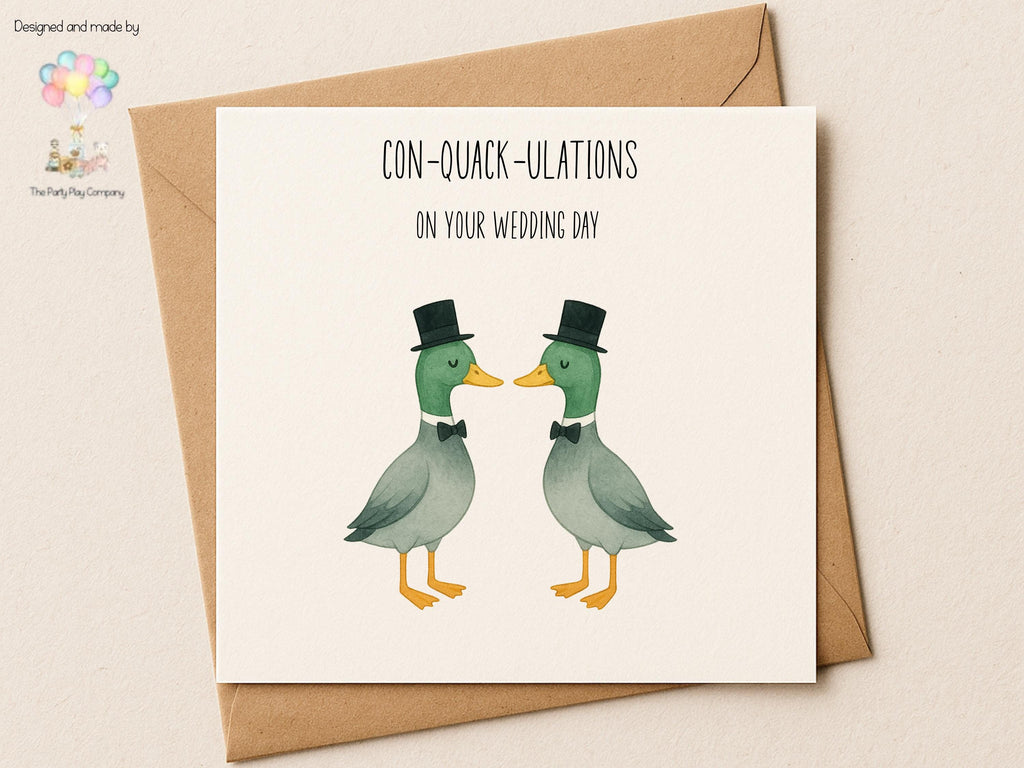 Funny Gay Wedding Card: Con-Quack-ulations Duck Pun Illustration