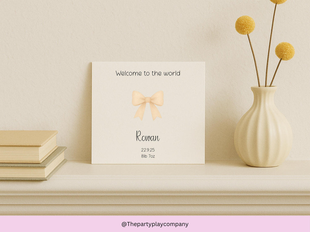 Personalized New Baby Card: Cream Bow, Name & Birthdate, Handmade Keepsake