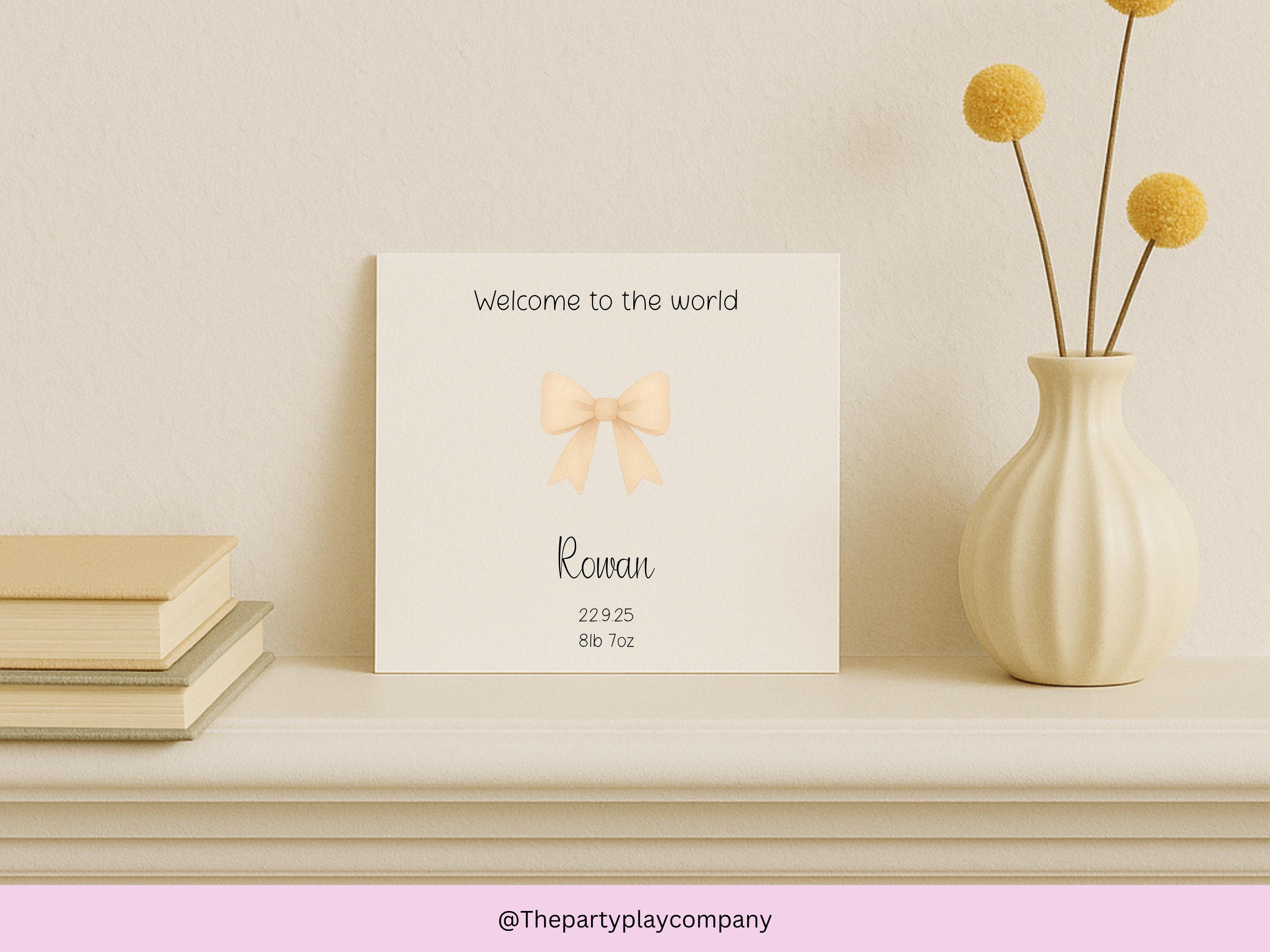 Personalized New Baby Card: Cream Bow, Name & Birthdate, Handmade Keepsake