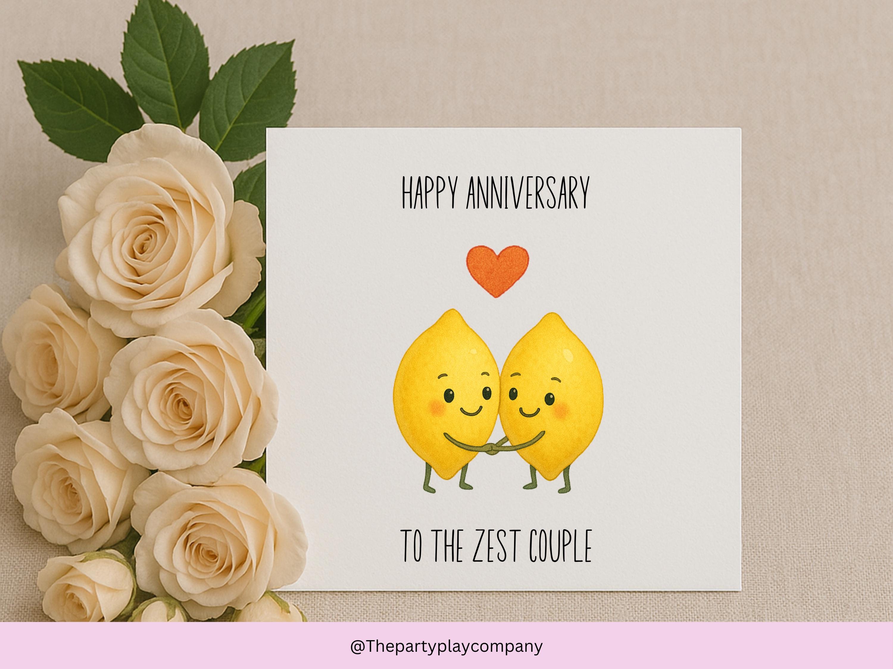Funny Lemon Anniversary Card: Kawaii Food Pun - 'To the Zest Couple'