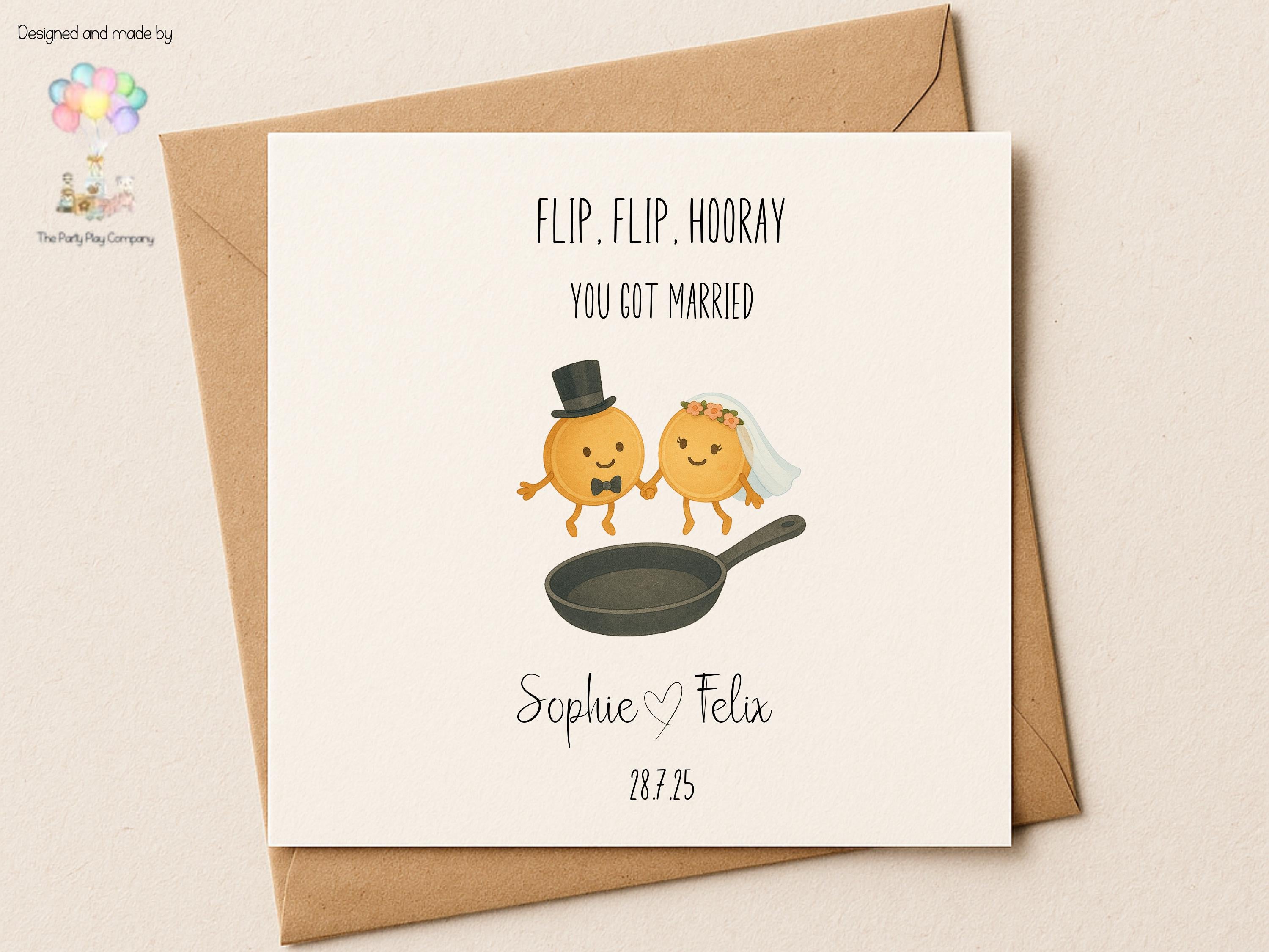 Funny Wedding Card | Pancake Pun Congratulations Card | Flip, Flip, Hooray You Got Married | Personalised Newlyweds | 4 for 10 Pound Offer