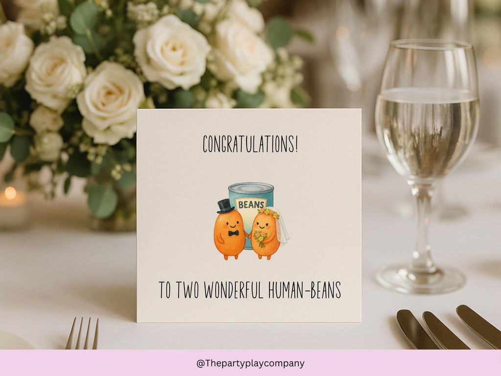 Funny Wedding Card for Couple – Human Beans Pun – Cute Illustrated Bride and Groom – Engagement, Anniversary or Newlywed Card