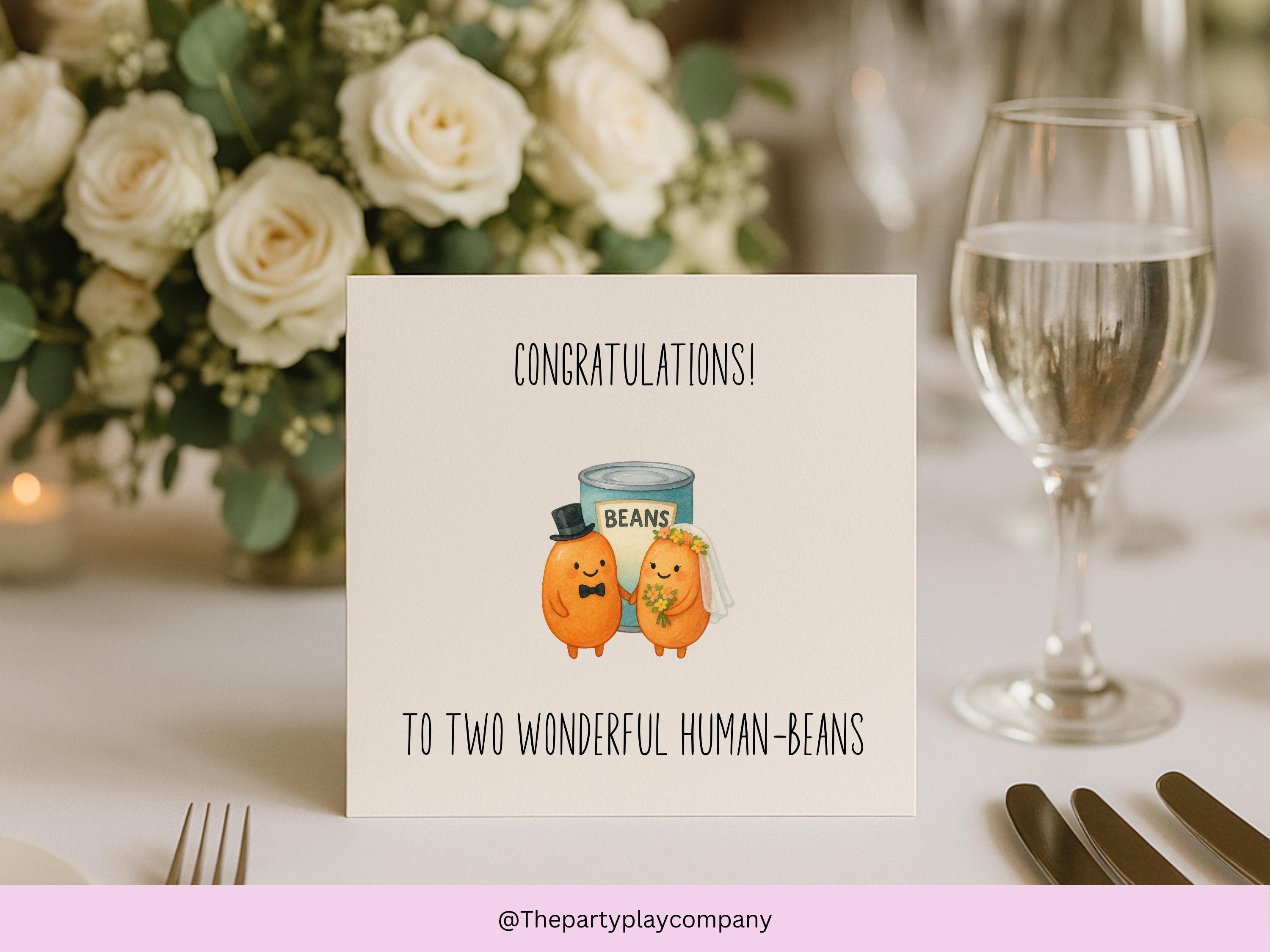 Funny Wedding Card for Couple – Human Beans Pun – Cute Illustrated Bride and Groom – Engagement, Anniversary or Newlywed Card