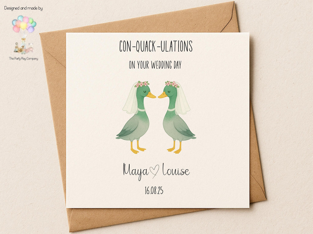 Funny Lesbian Wedding Card: Con-Quack-ulations Duck Pun - Personalized