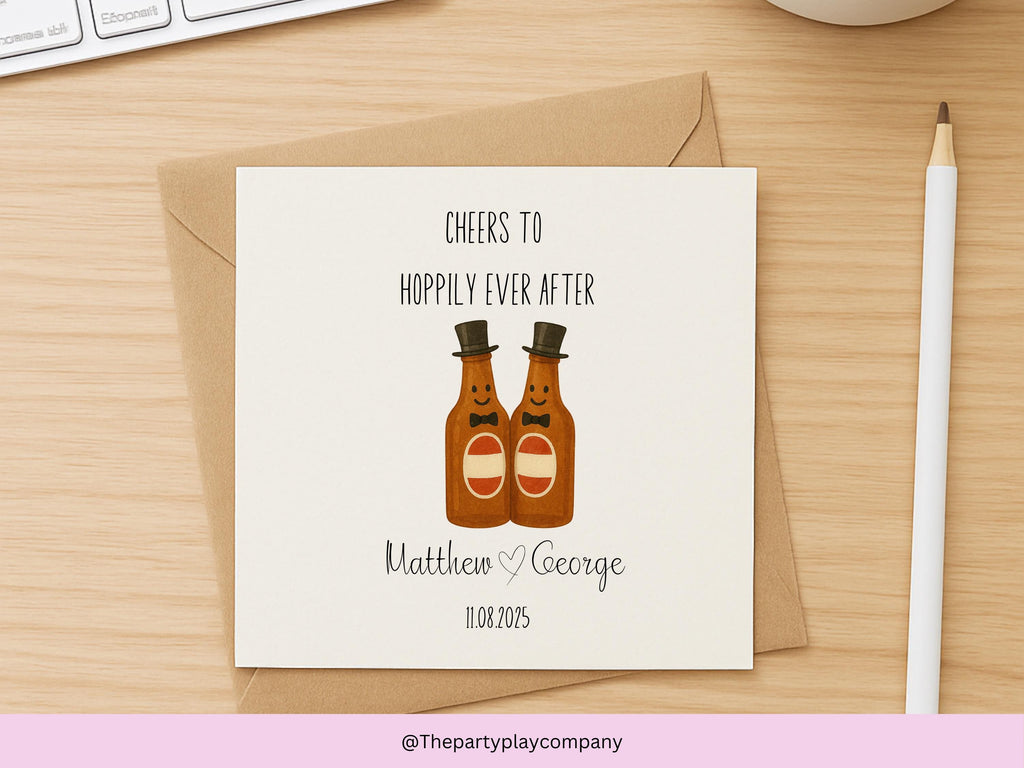 Funny Gay Wedding Card: Hoppily Ever After Beer Pun, Personalised LGBTQ+ Anniversary