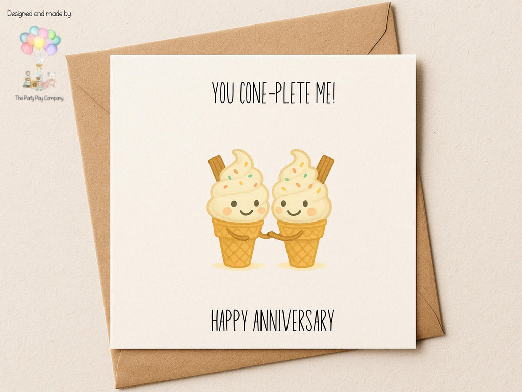 Funny Anniversary Card: Kawaii Ice Cream Couple - You Cone-plete Me