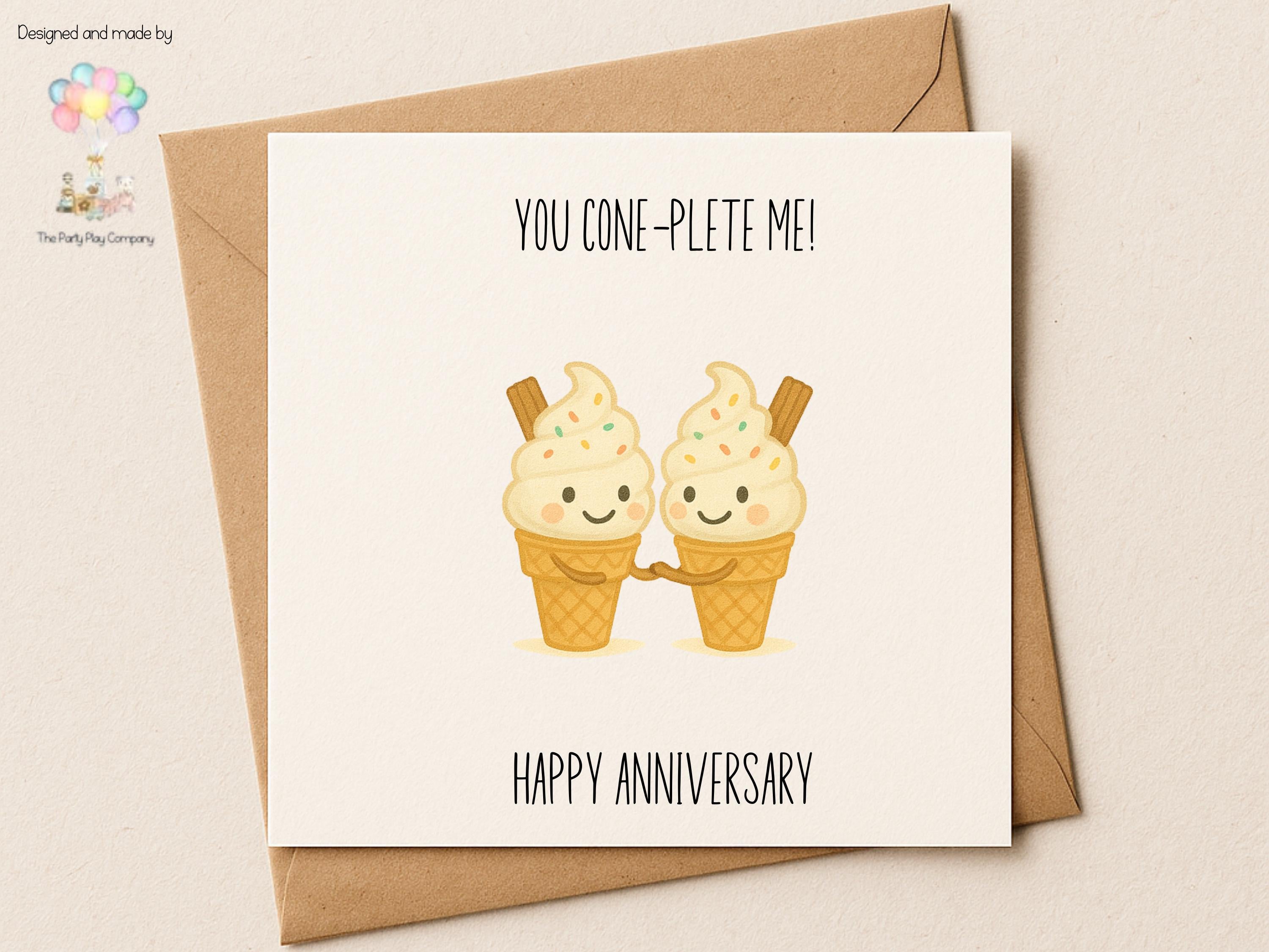 Funny Anniversary Card: Kawaii Ice Cream Couple - You Cone-plete Me