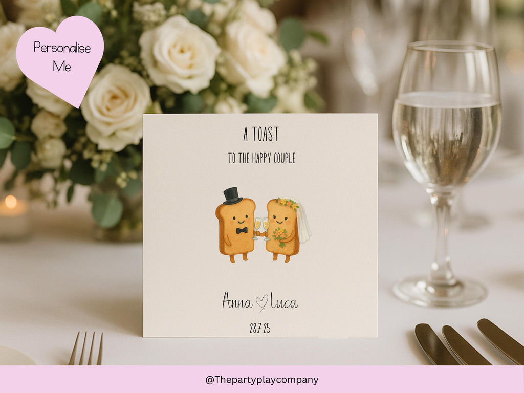 A Toast to the Happy Couple – Funny Personalised Wedding Card with Names & Date – Cute Bride and Groom Toast Pun