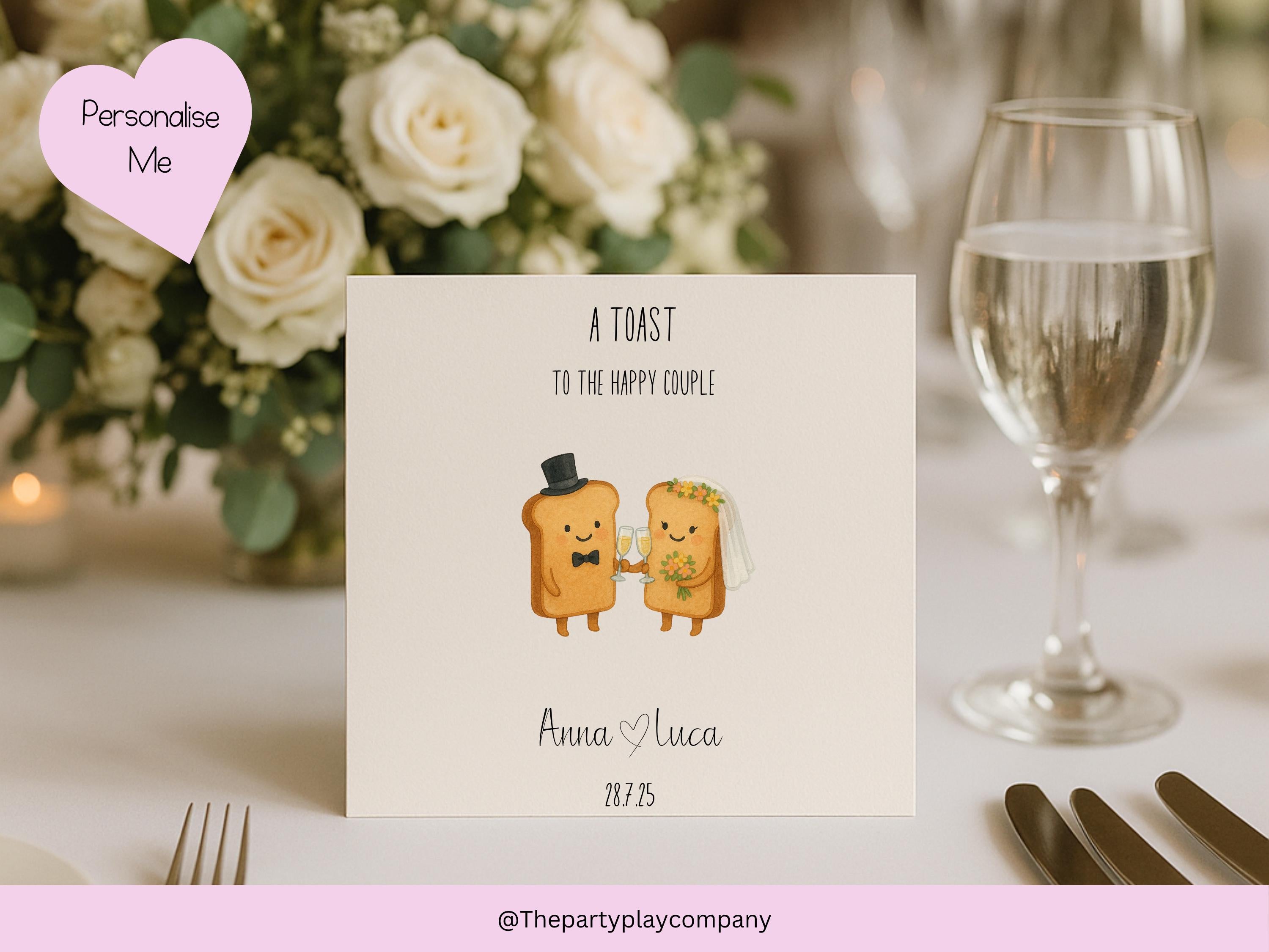 A Toast to the Happy Couple – Funny Personalised Wedding Card with Names & Date – Cute Bride and Groom Toast Pun