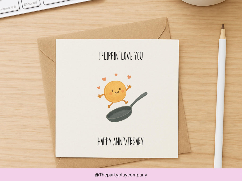 Funny Pancake Anniversary Card: I Flippin' Love You - Kawaii Food Pun