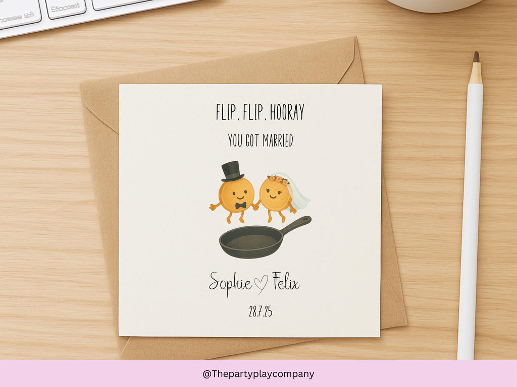 Funny Wedding Card | Pancake Pun Congratulations Card | Flip, Flip, Hooray You Got Married | Personalised Newlyweds | 4 for 10 Pound Offer