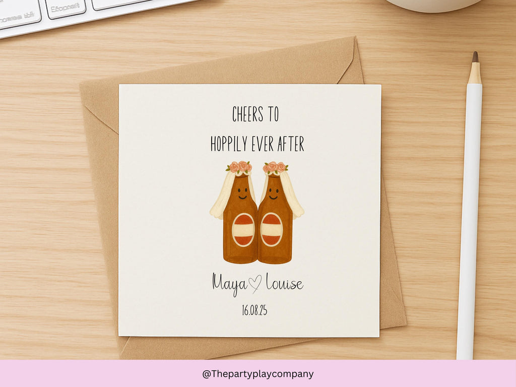 Funny Lesbian Wedding Card: Hoppily Ever After Beer Pun - Personalized LGBTQ+ Anniversary