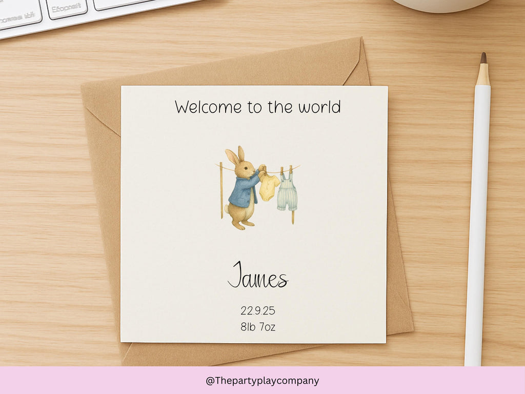 Personalized New Baby Boy Card: Blue Bunny Clothesline Design