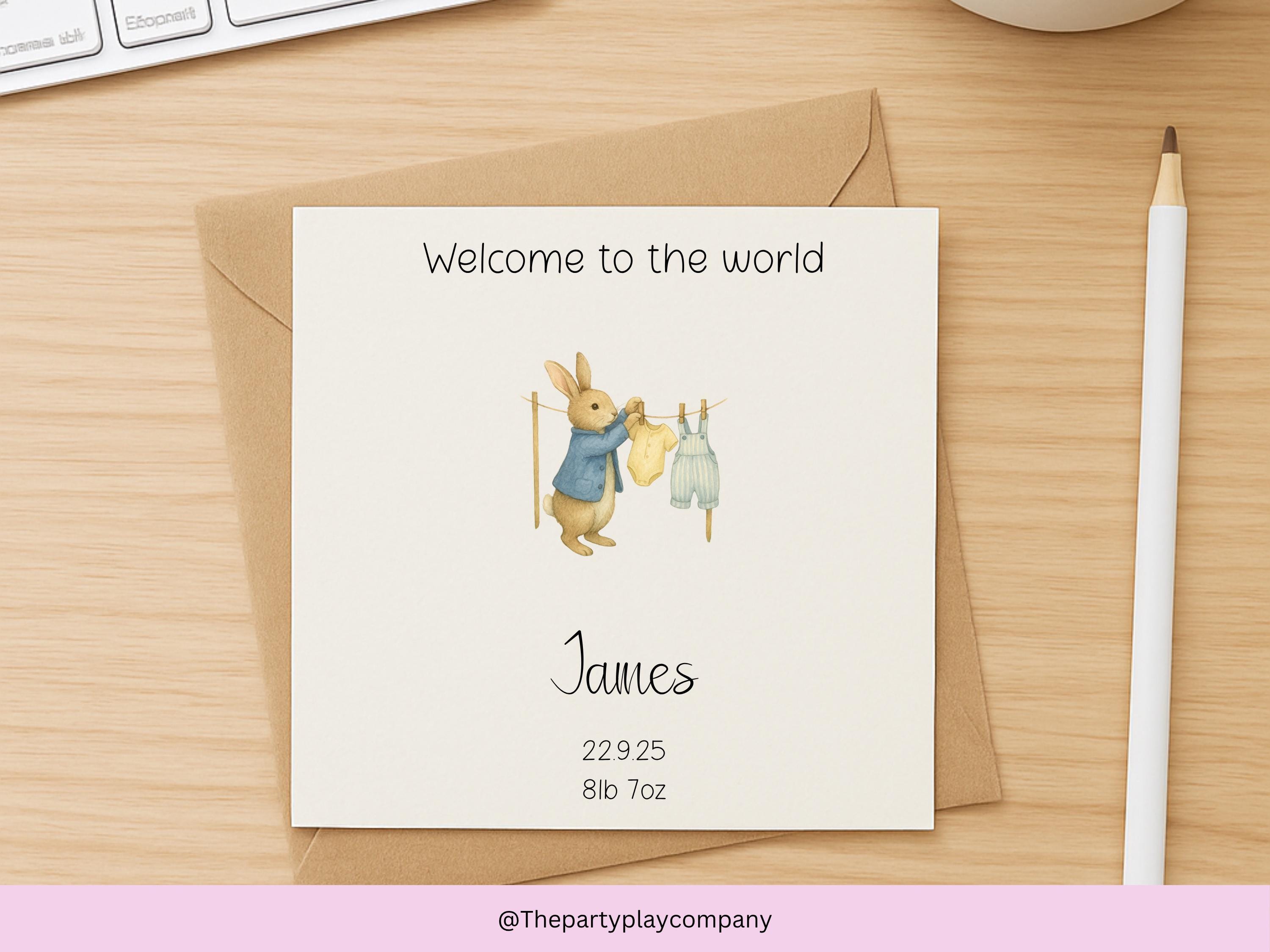 Personalized New Baby Boy Card: Blue Bunny Clothesline Design