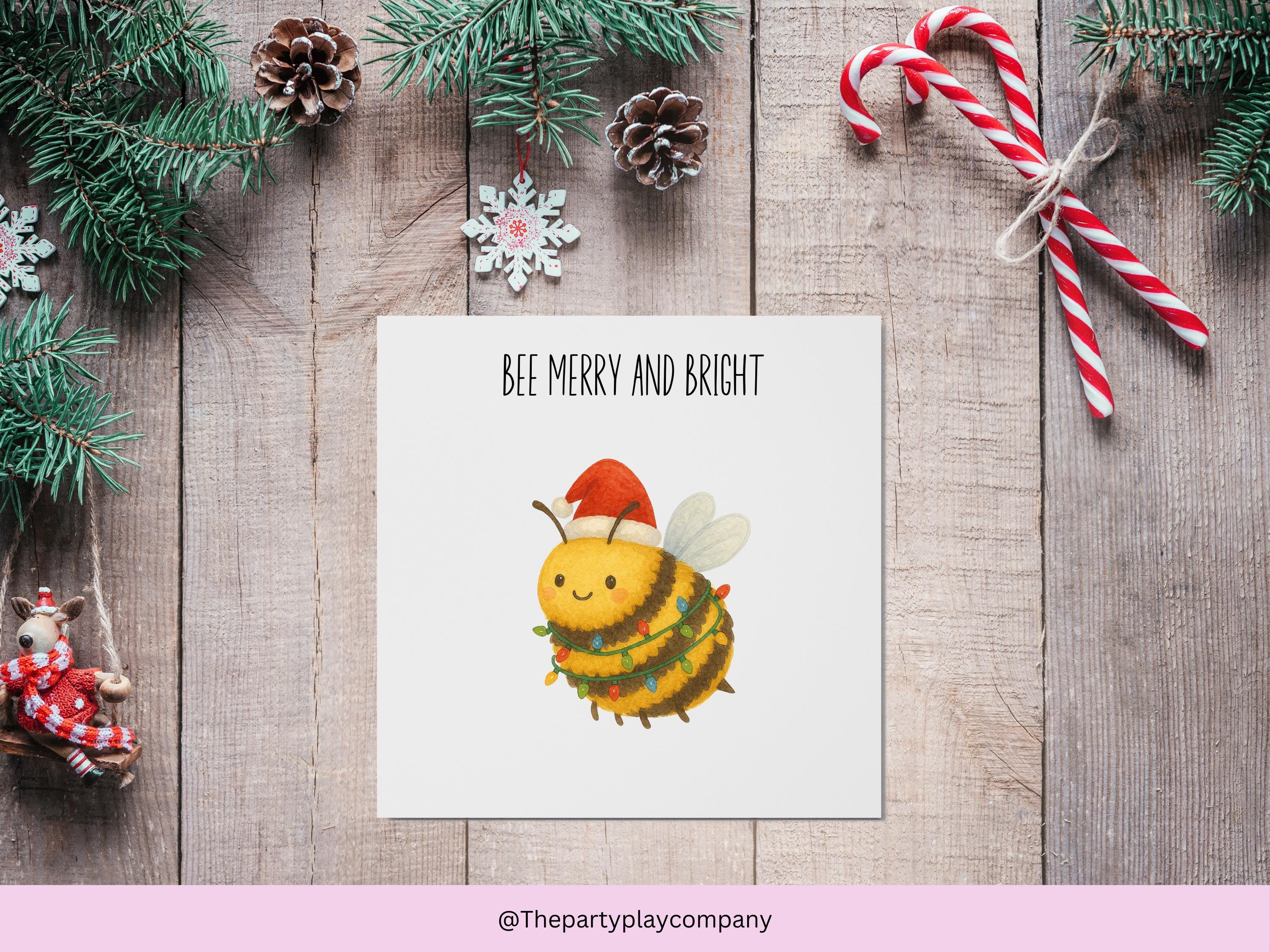Bee Merry and Bright Christmas Card – Cute Bee Pun Christmas Card, Funny Festive Greeting for Bee Lovers