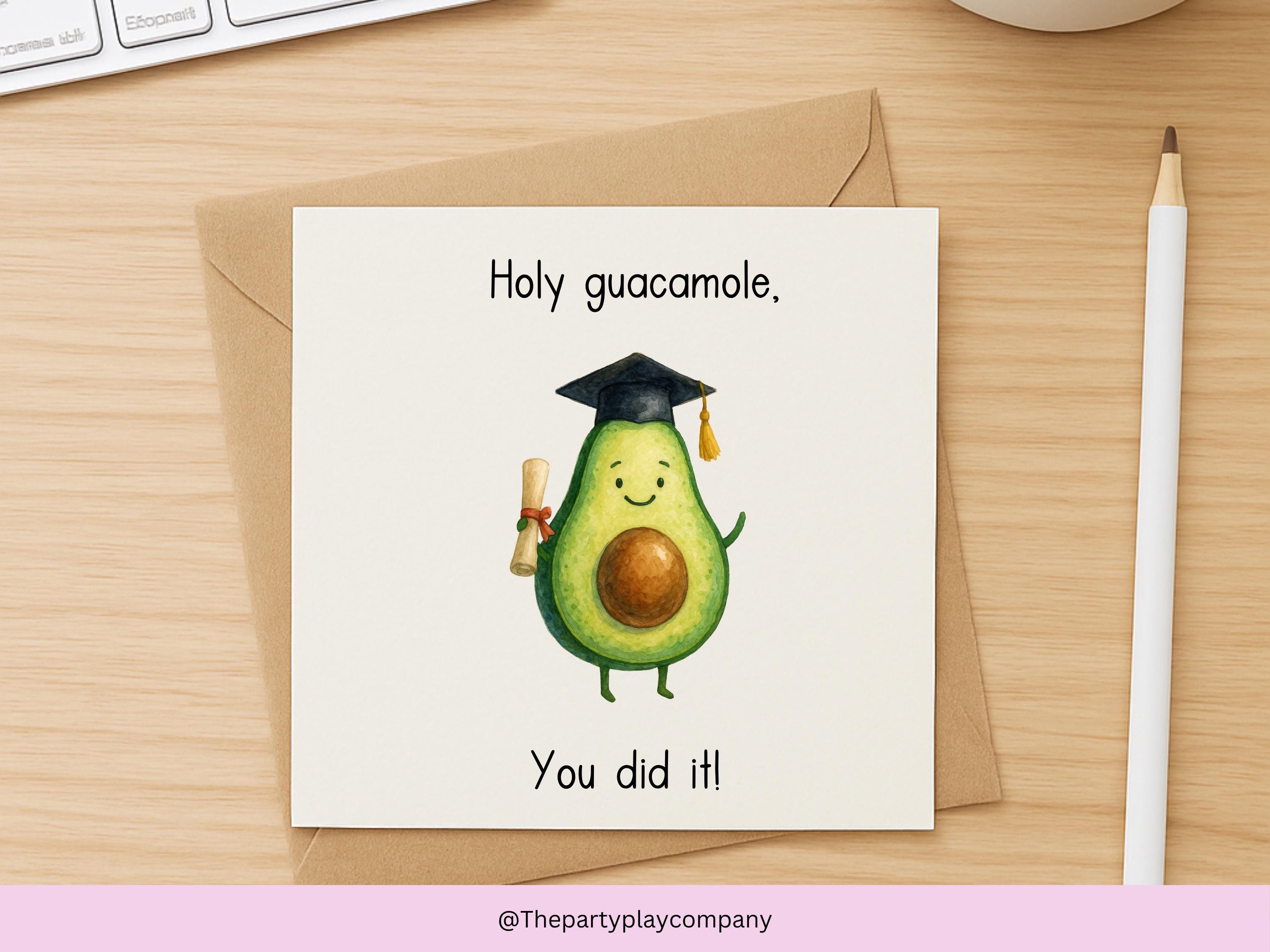 Funny Avocado Graduation Card: "Holy Guacamole" Pun, Personalized Congrats